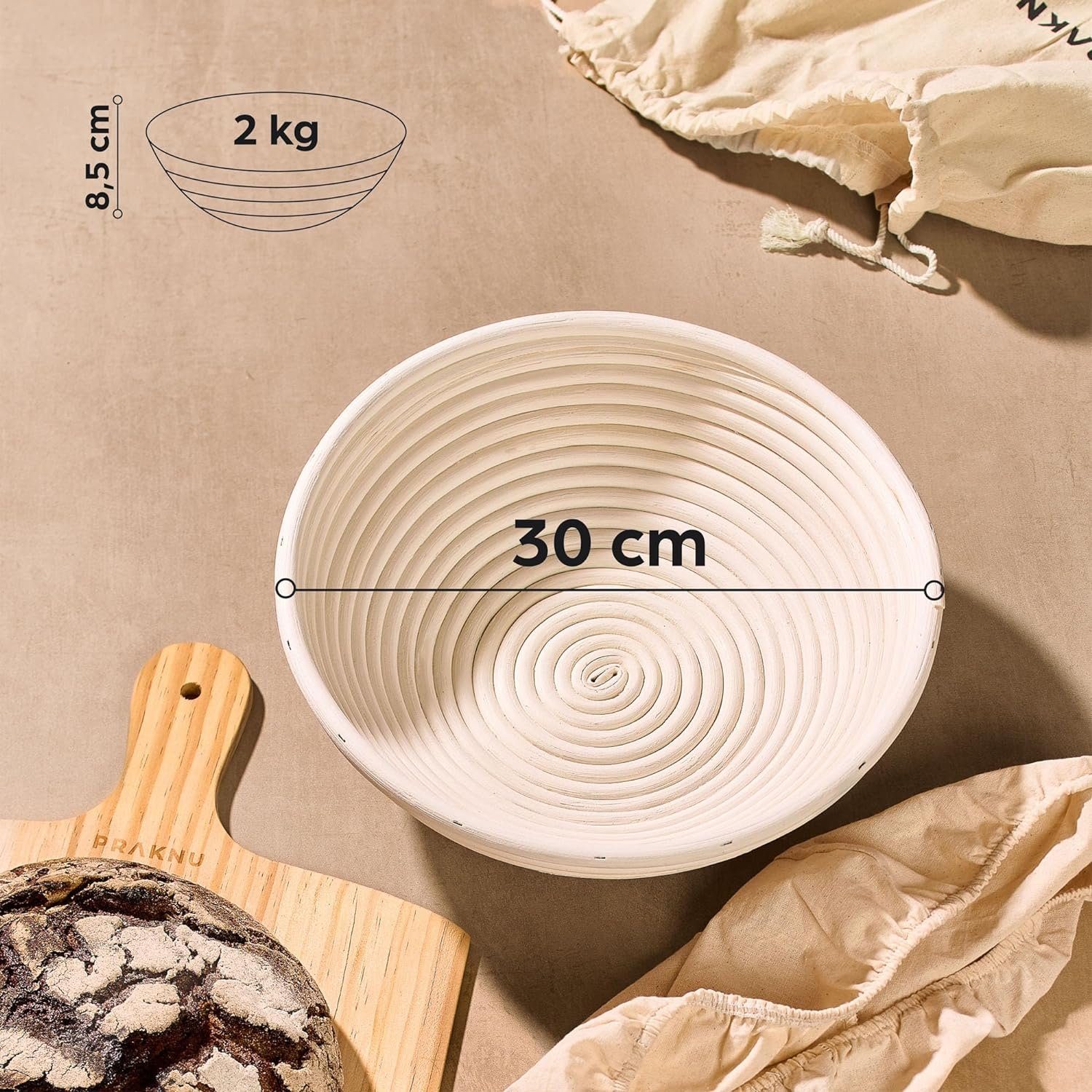 Praknu Gärkorb Für Brot Rund 30 cm 2kg - Gärkörbchen für Brotteig zum Brotbacken, Aus nachhaltigem Rattan - Geruchsneutral - Mit Backutensilien