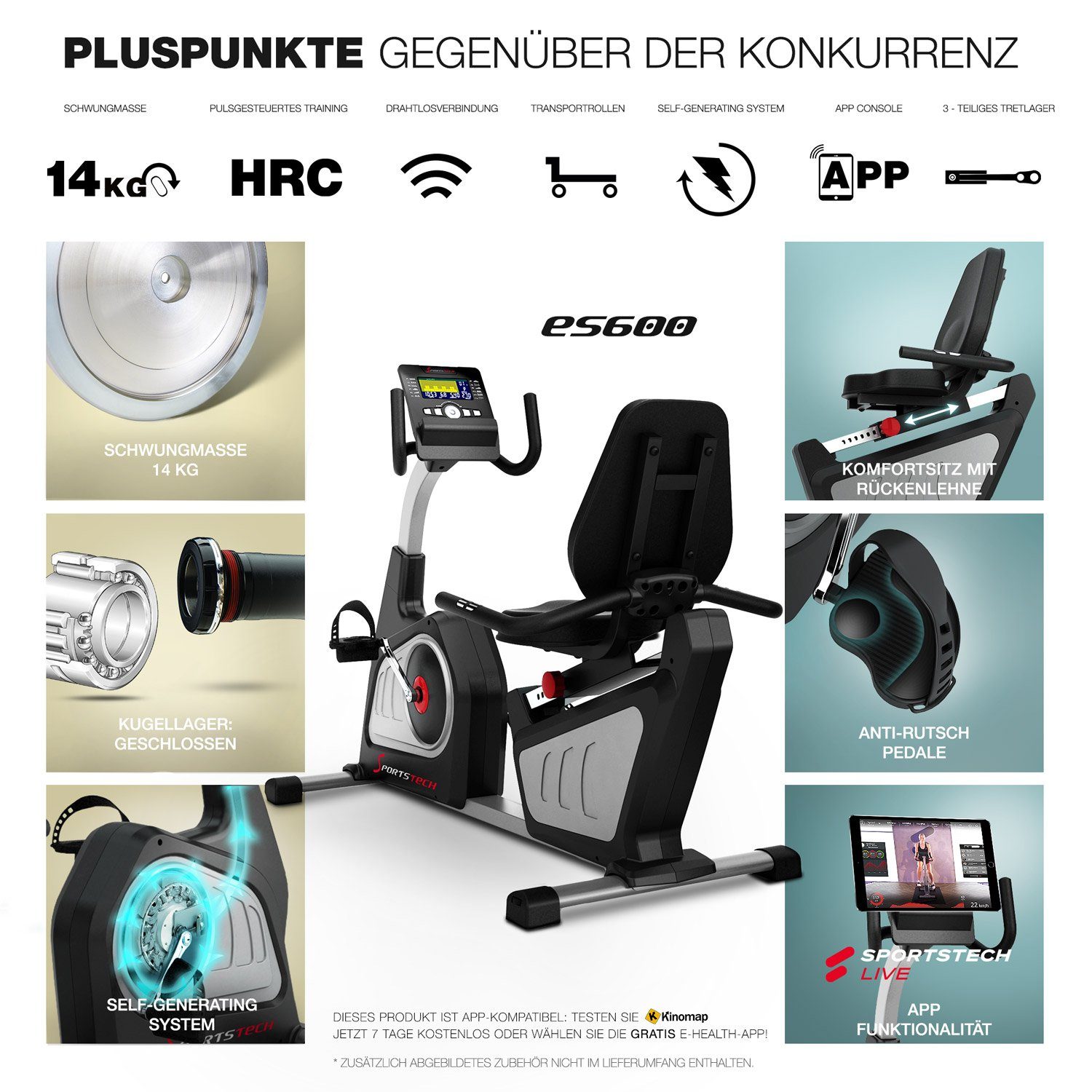 Sportstech Ergometer ES600, Liegeergometer Heimtrainer mit Rückenlehne