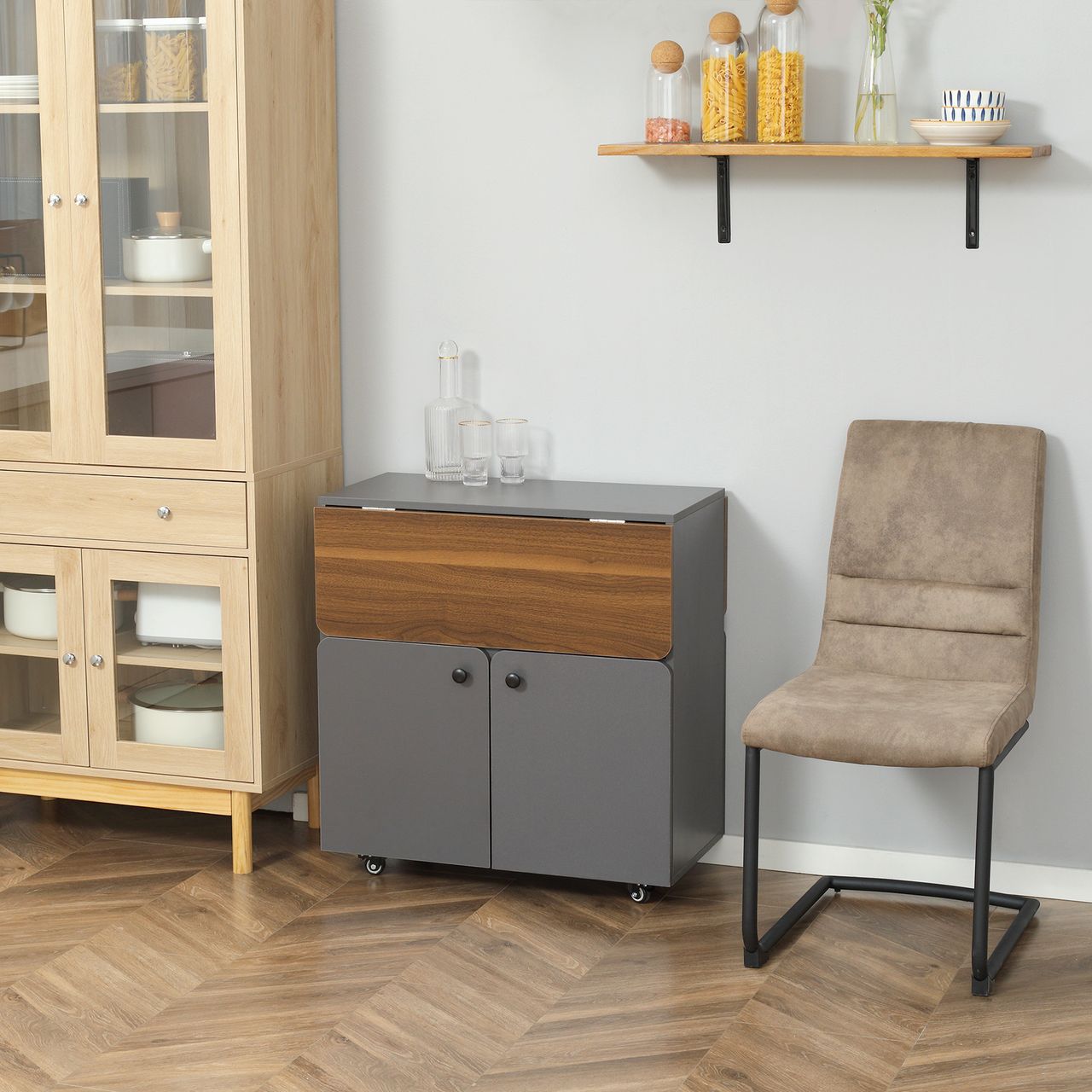 HOMCOM Esstisch Klapptisch mit Rollen Küchentisch mit zwei klappbare Tischseiten Esszimmertisch Sideboard mit Stauraum für Wohnzimmer Küche Spanplatte Hellgrau Dunkelbraun 70 x 83 x 75 cm