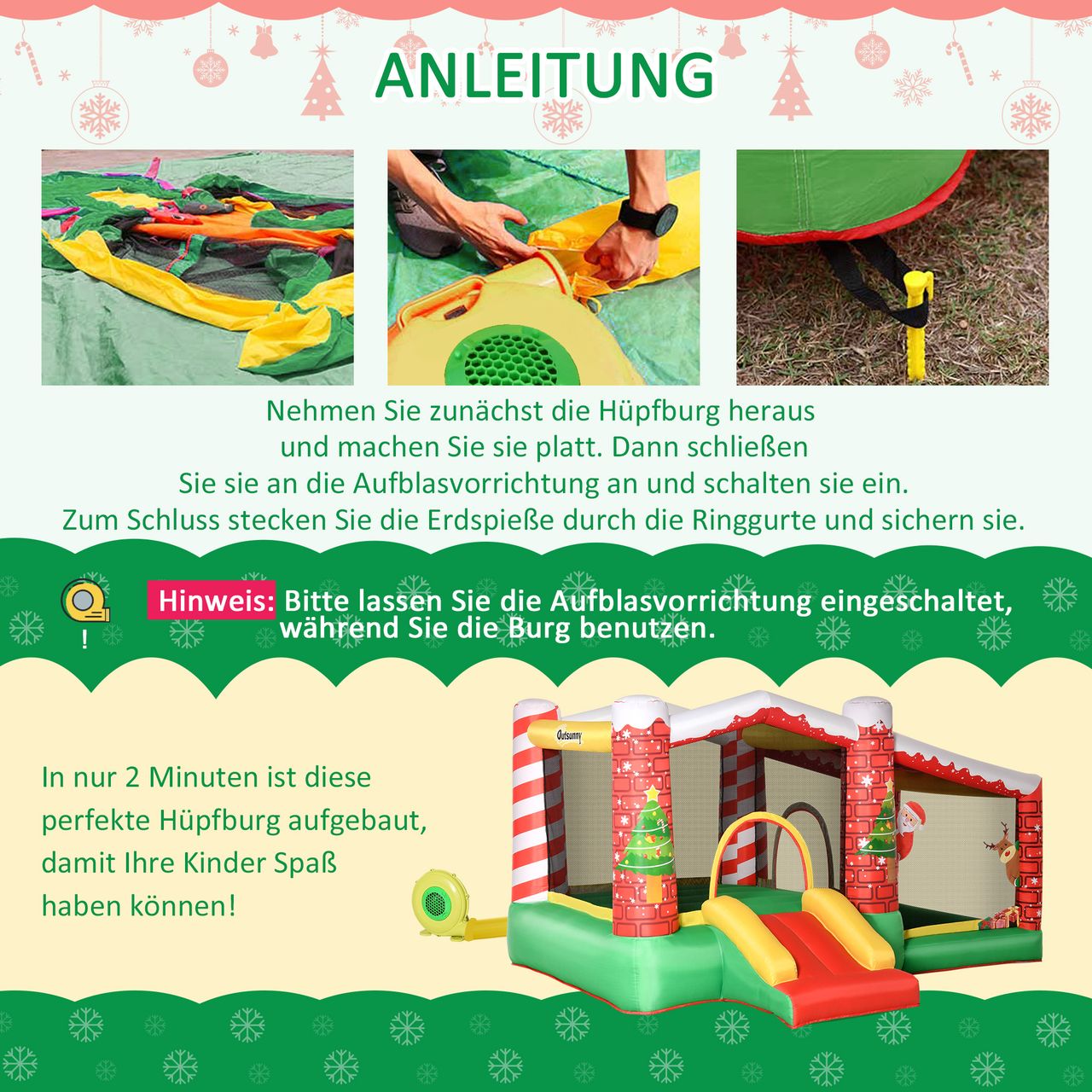 Outsunny Weihnachten Aufblasbare Hüpfburg Trampolin kleine Rutsche Ballgrube für 3 Kinder Springburg mit Gebläse für 3-8 Jahre Kindergarten Oxford-Gewebe Polyester Rot Grün 325 x 270 x 175 cm