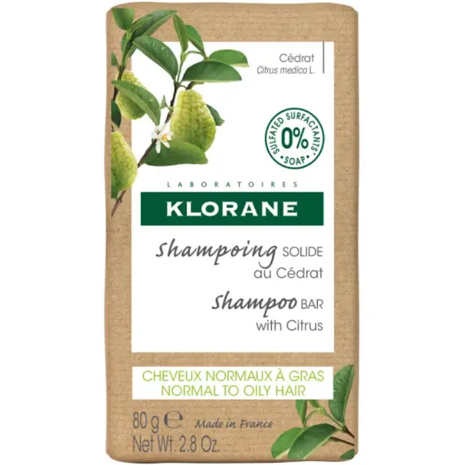Klorane Shampoing Solide Au Cédrat - Cheveux normaux à gras - 80 g