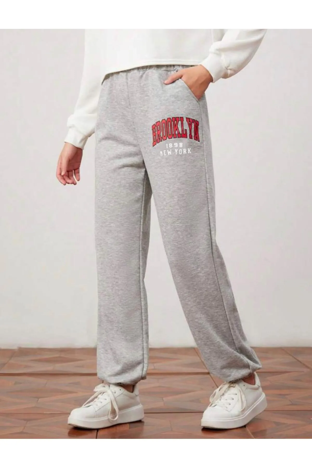 My Blog  Graue Brookyln-bedruckte Damen-Jogginghose mit elastischem Bund und Beinen