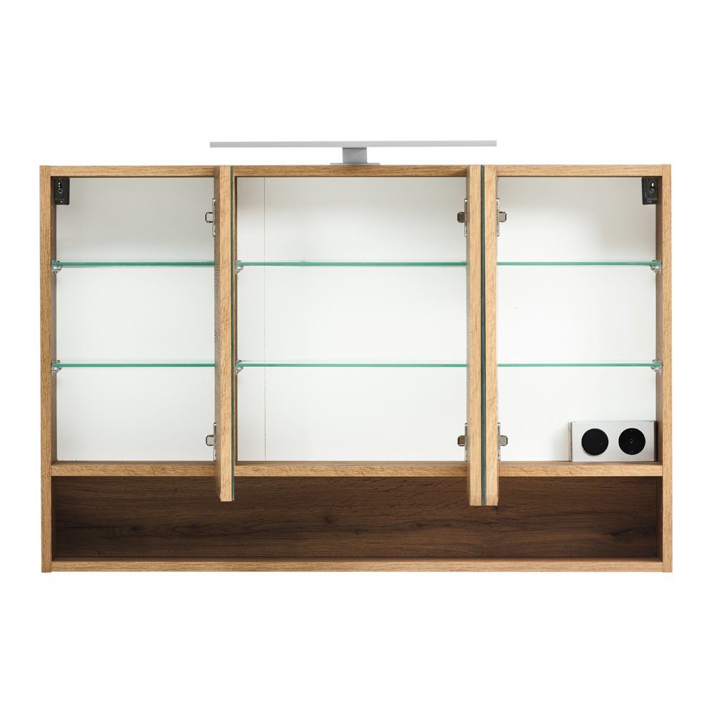 Lomadox Badmöbel-Set KAHLA-03, (3-St), Eiche Baumkantenoptik Waschbecken und Spiegelschrank 181/200/52 cm
