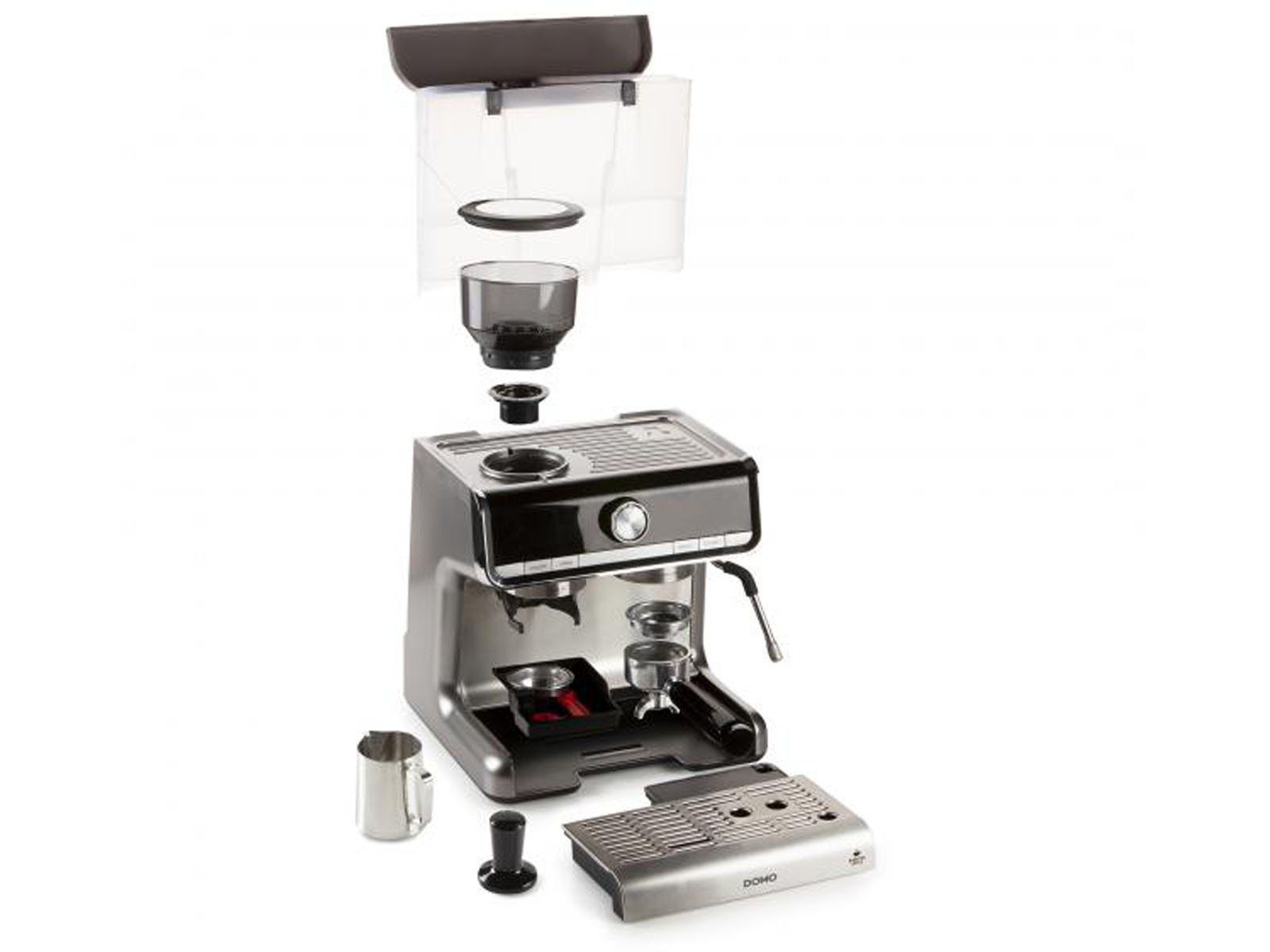 Domo Espressomaschine, Metallfilter, Siebträgermaschine mit Mahlwerk Milchschäumer & abnehmbaren Wassertank