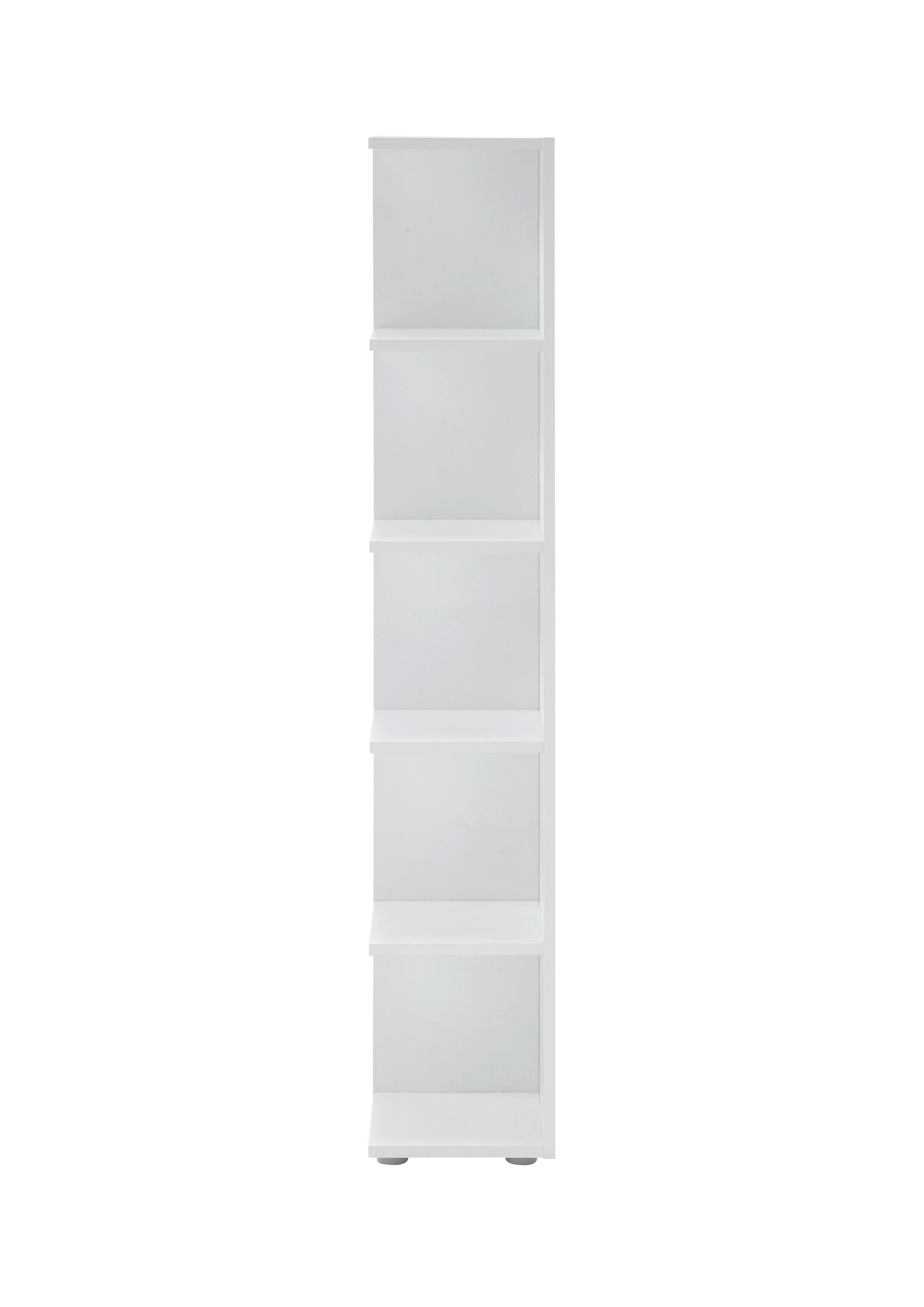 möbelando Eckregal Lasmos, Modernes Eckregal aus Spanplatte in Weiß mit 5 offenen Fächern. Breite 24 cm, Höhe 142 cm, Tiefe 26 cm