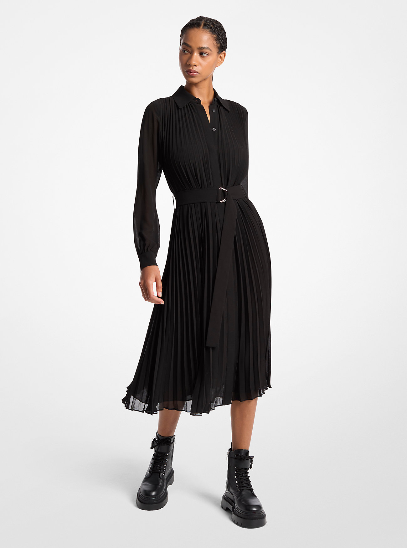 Abito chemisier in georgette plissettato - NERO