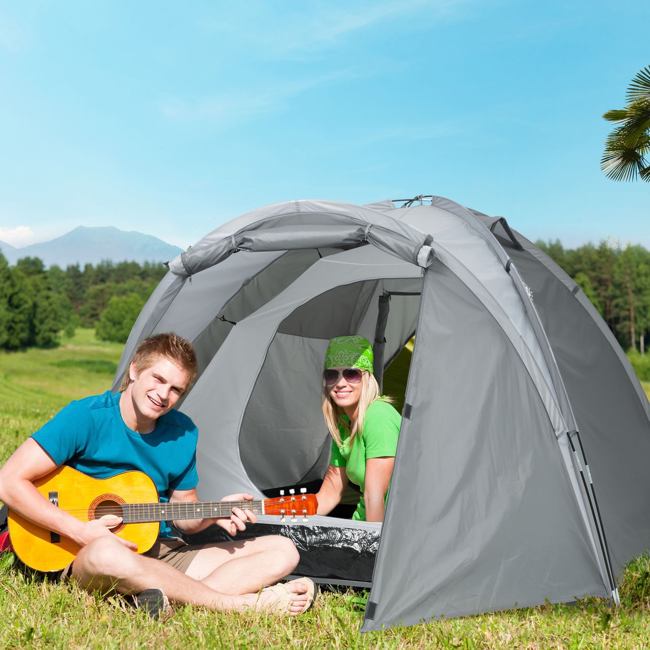 Outsunny Campingzelt für 2-3 Personen Glasfaser Tür mit Reißverschluss Meshfenster inkl. Transporttasche Kuppelzelt 190T PU2000mm Glasfaser Grau