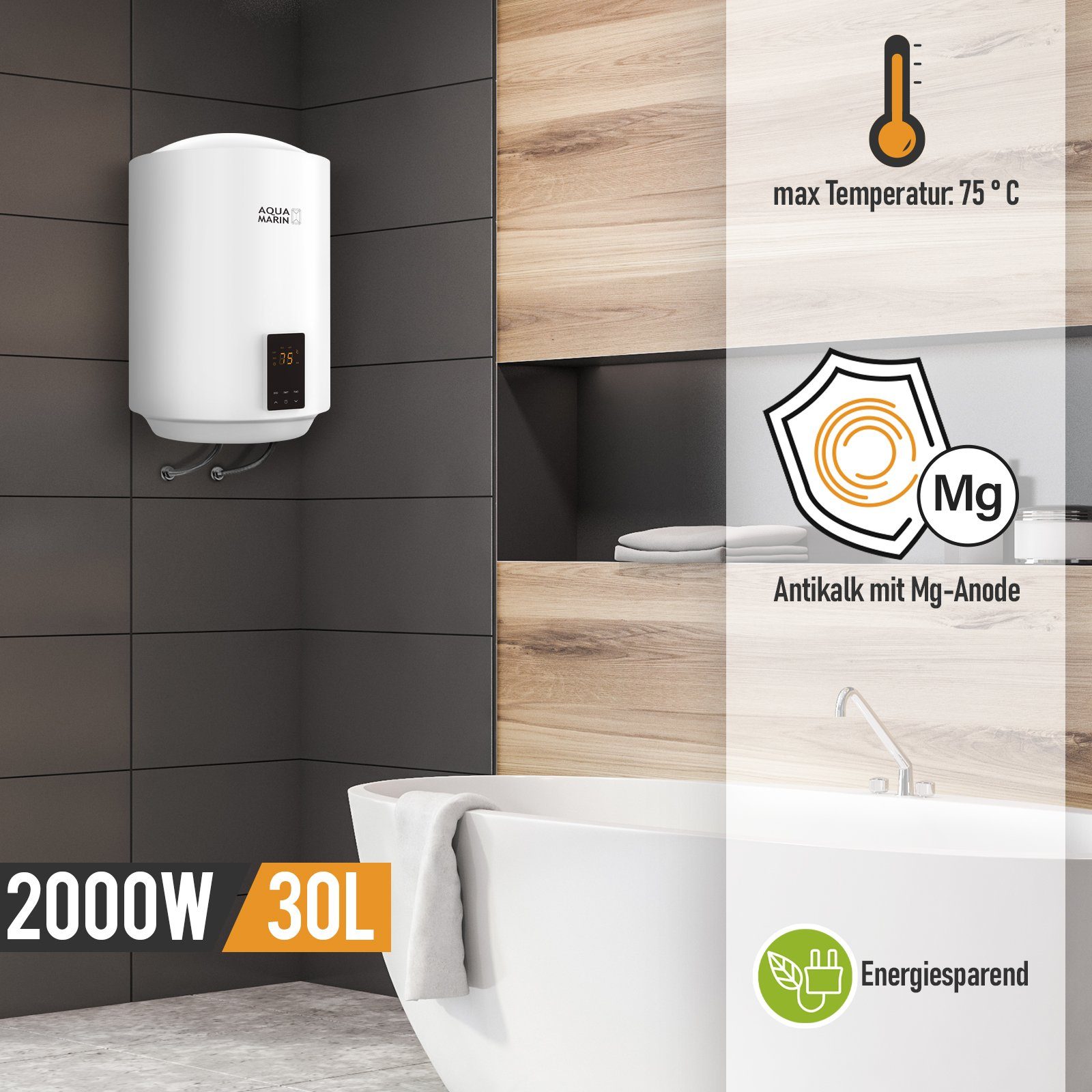 Aquamarin Wandspeicher Elektro SMART Warmwasserspeicher - 30/50/80/100 L, 2 kW, EEK A/B
