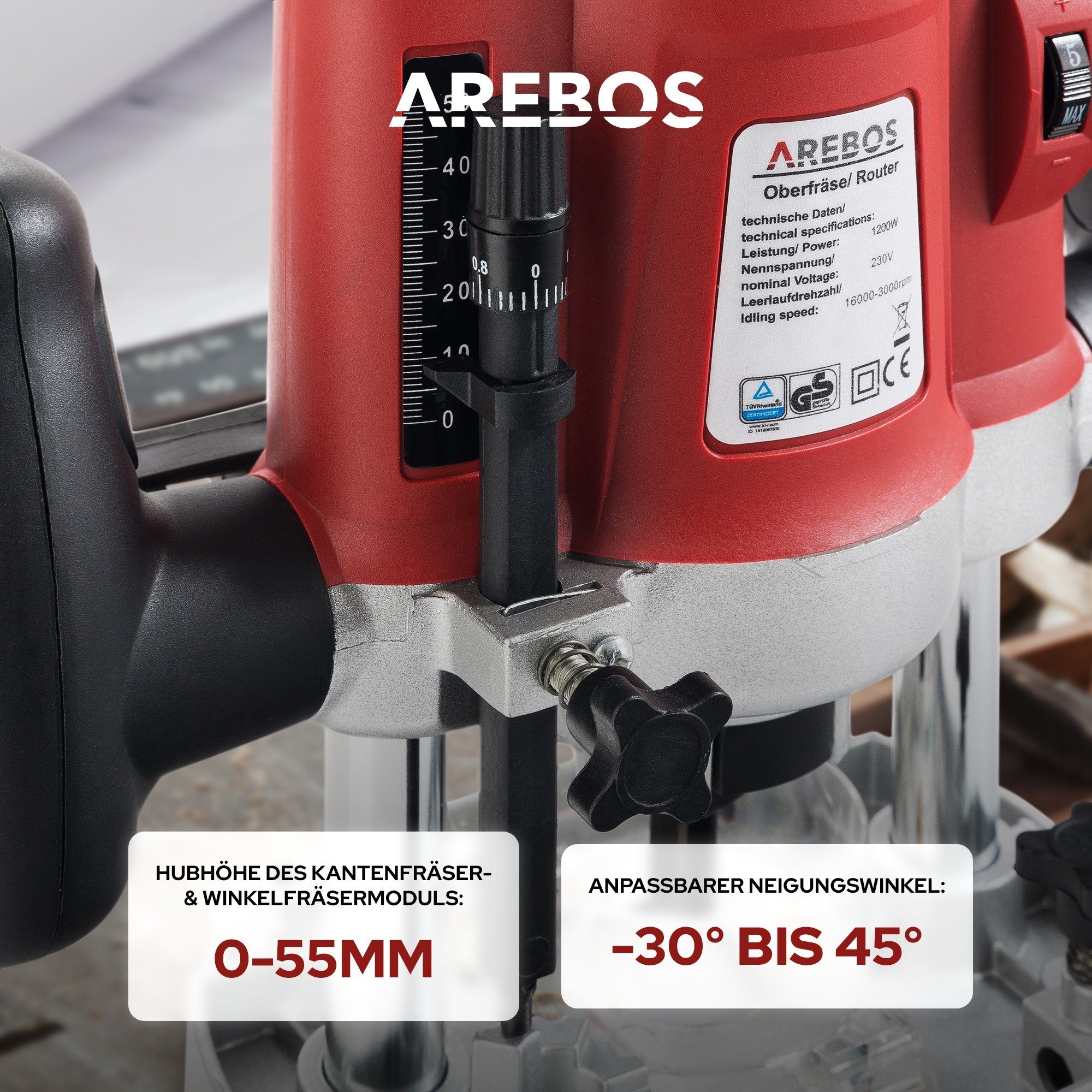 Arebos Oberfräse mit Koffer, 1200 W, inkl. Zubehör + Fräser Set 12-teilig, (Set, Oberfräse)
