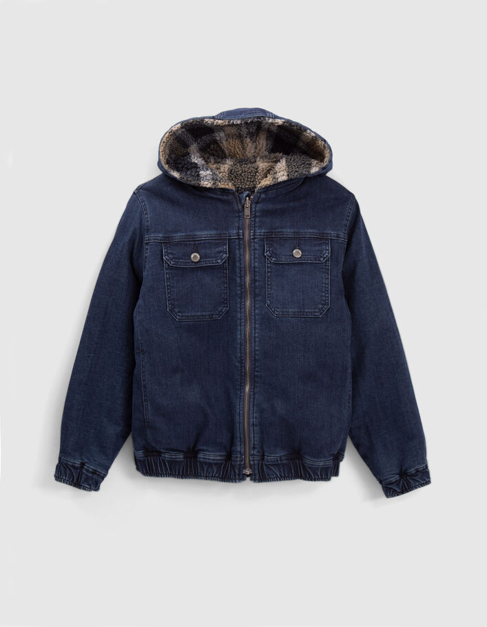 Blouson réversible jean bleu et Sherpa carreaux garçon