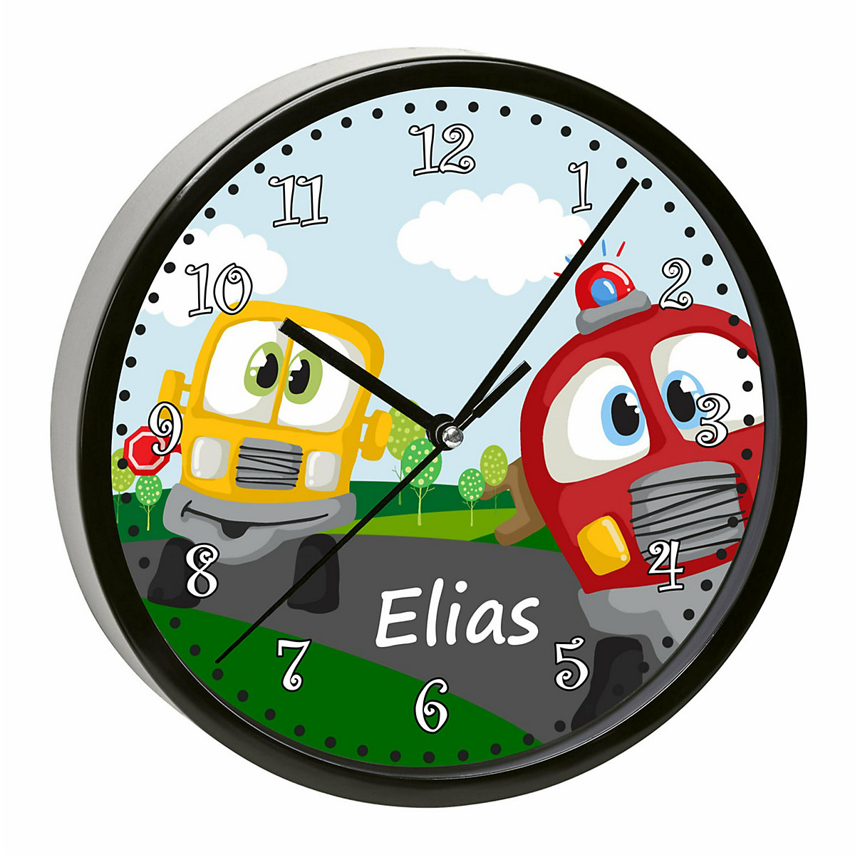 Kinder Wanduhr personalisiert mit Name Auto-Cartoon