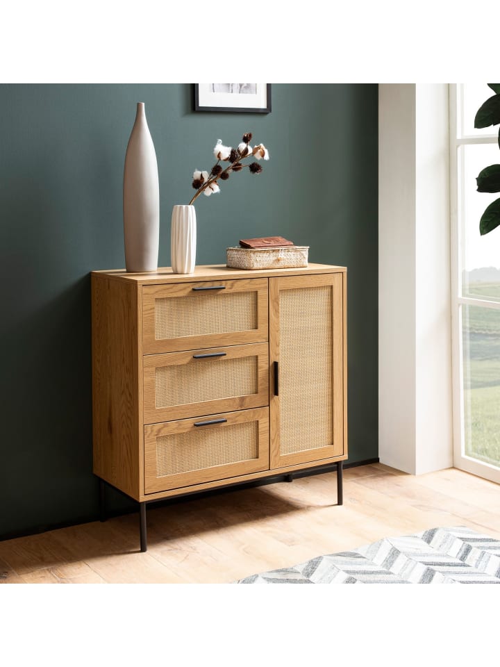 KADIMA DESIGN Kommode 80x82x36 cm Flurkommode Eiche-Dekor & Rattan, Sideboard mit günstig kaufen onesize