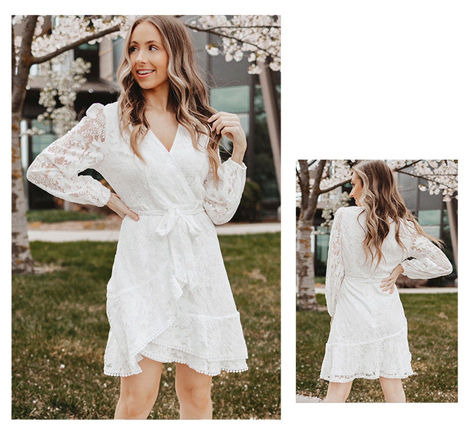 aikidio Stillkleid Langärmliges Kleid aus einfarbiger, tiefer V-Spitze
