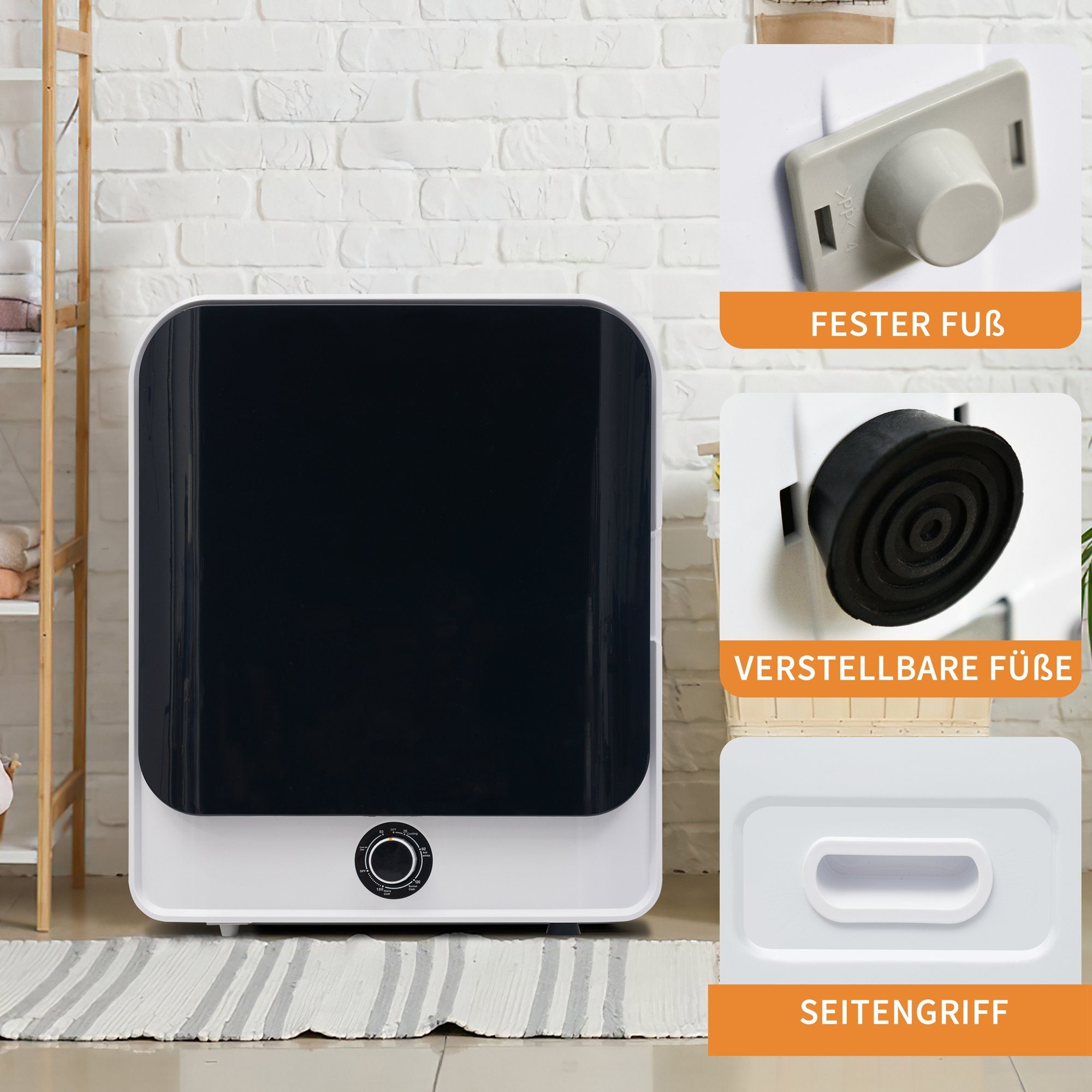 Fangqi Ablufttrockner Edelstahltrockner,Wäschetrockner,3kg, tatsächlich bis 4,5kg, 830W, 3 kg, Mehrfachfiltration, 5 Programme. Überhitzungsschutz, wandmontierbar
