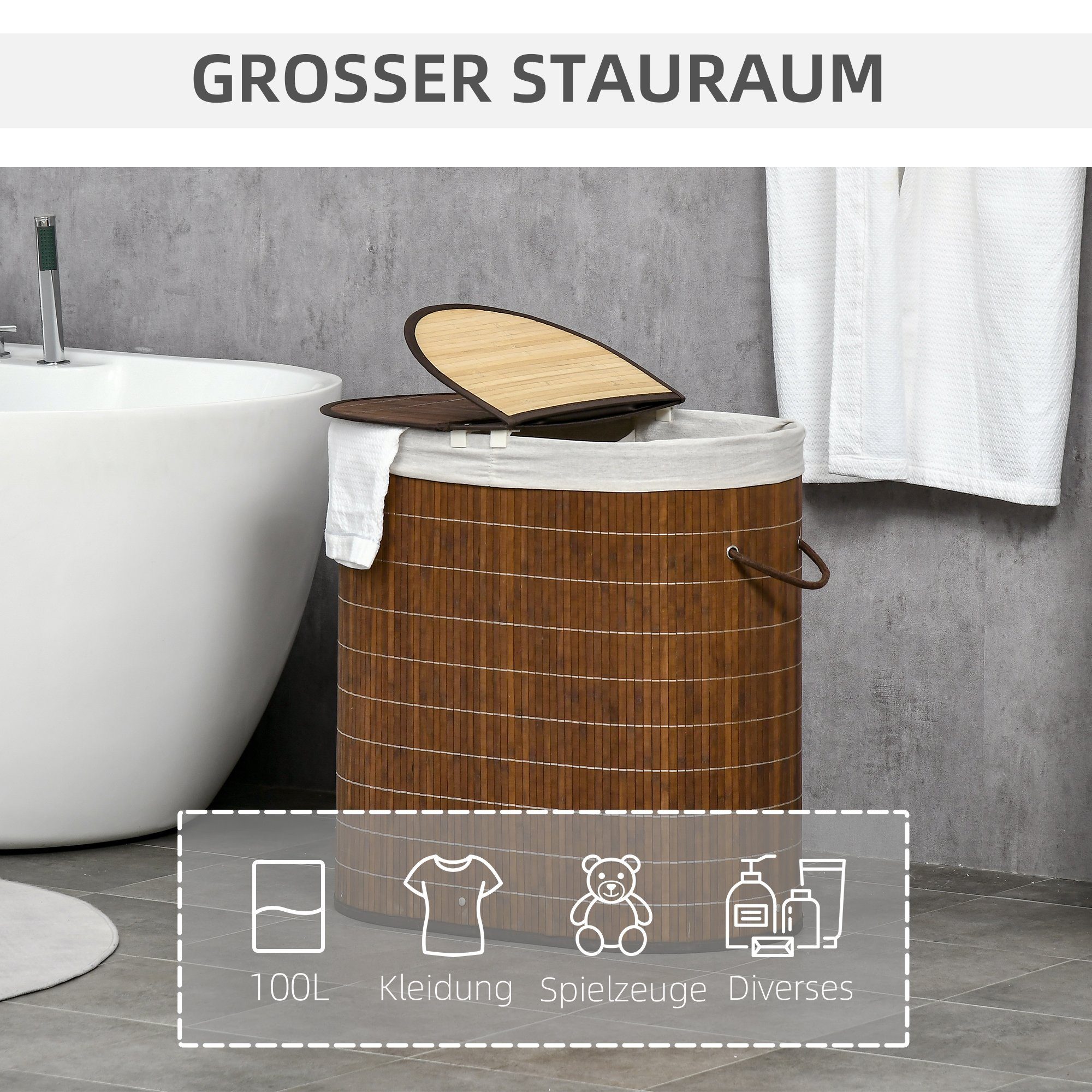 HOMCOM Wäschekorb 100L Wäschesammler, Wäschesbox mit Griff, Deckel (Wäschesortierer, 1 St., Wäschesammler), für Badezimmer, Bambus, Braun