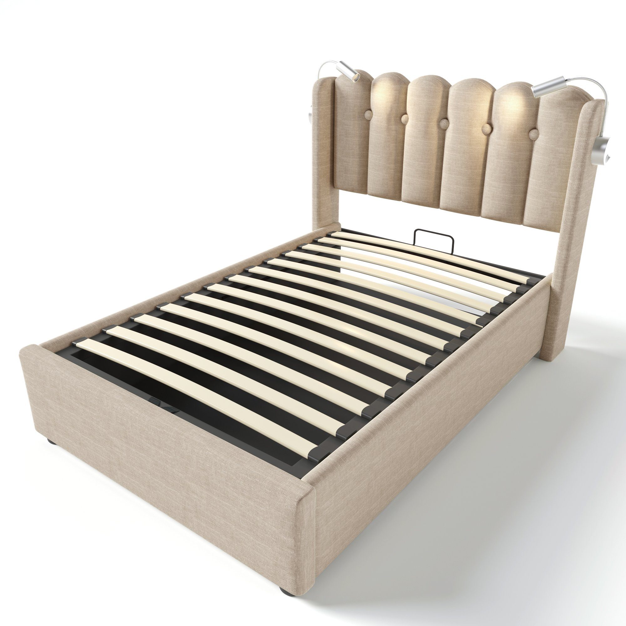 Fangqi Polsterbett 90x200 gepolstertes Bett,2 Leselampen,USB-Aufladung,großer Bettkasten (Einzelbett, Jugendbett, Familienbett, Weicher Bettrahmen, USBx2, Leselampex2, Bettkasten), Bettkasten mit Oxford-Tuch, Eisenrahmen, Gasdruckfederbetten