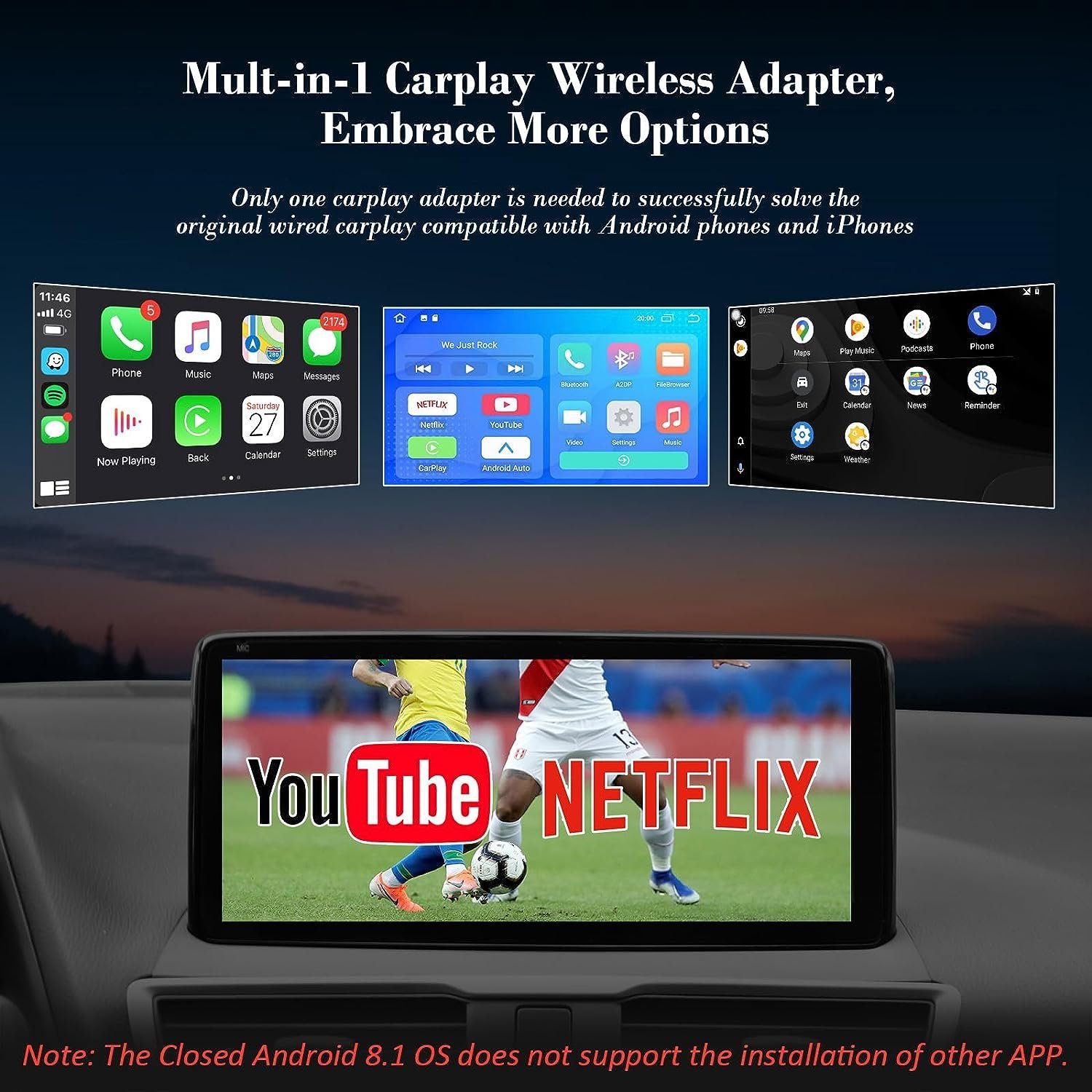 Hikeren Wireless Carplay Adapter Unterstützt Netflix YouTube,Plug & Play Multifunktionsspieler (Autospieler)