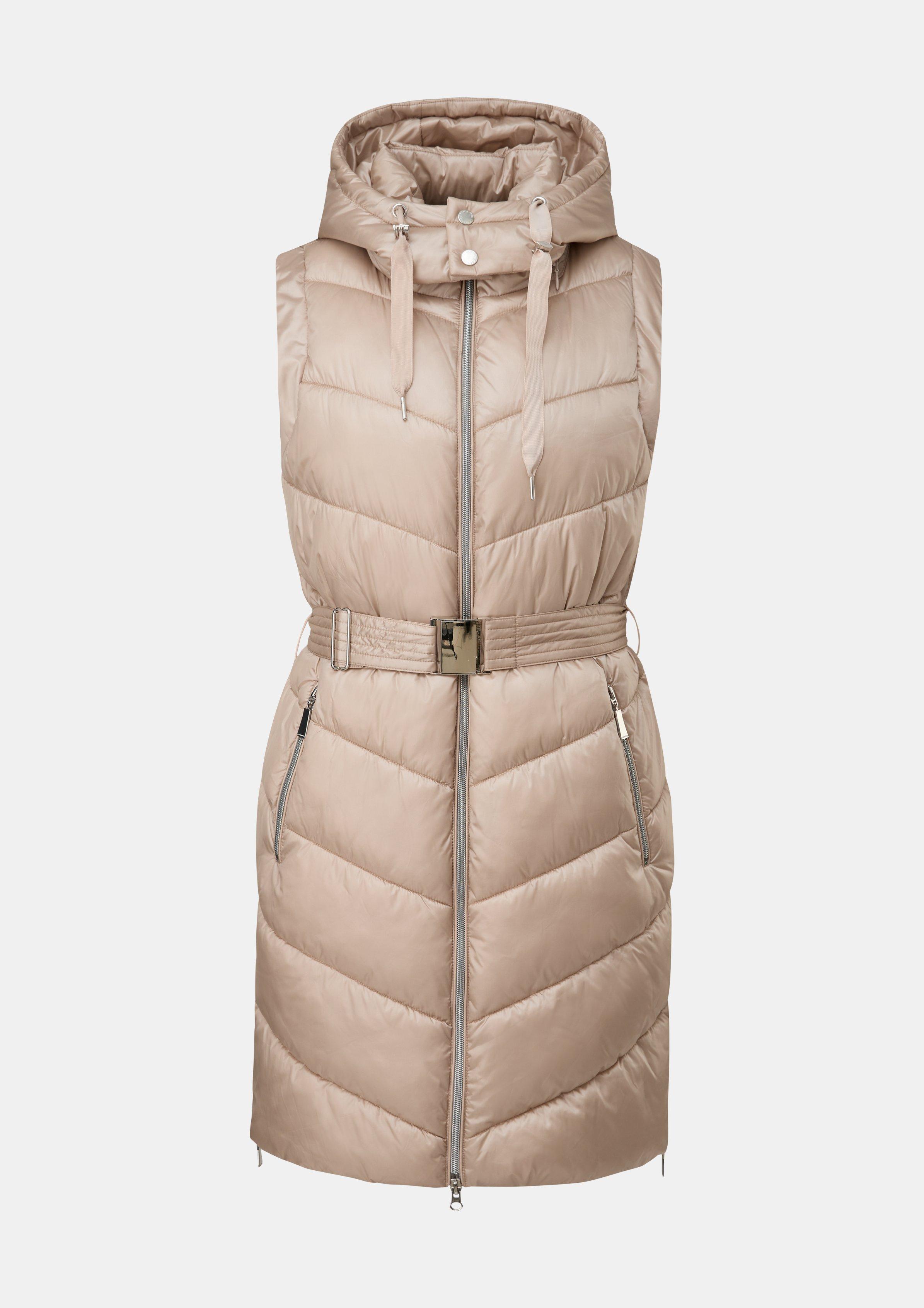 Lange Steppweste mit Taillengürtel - beige