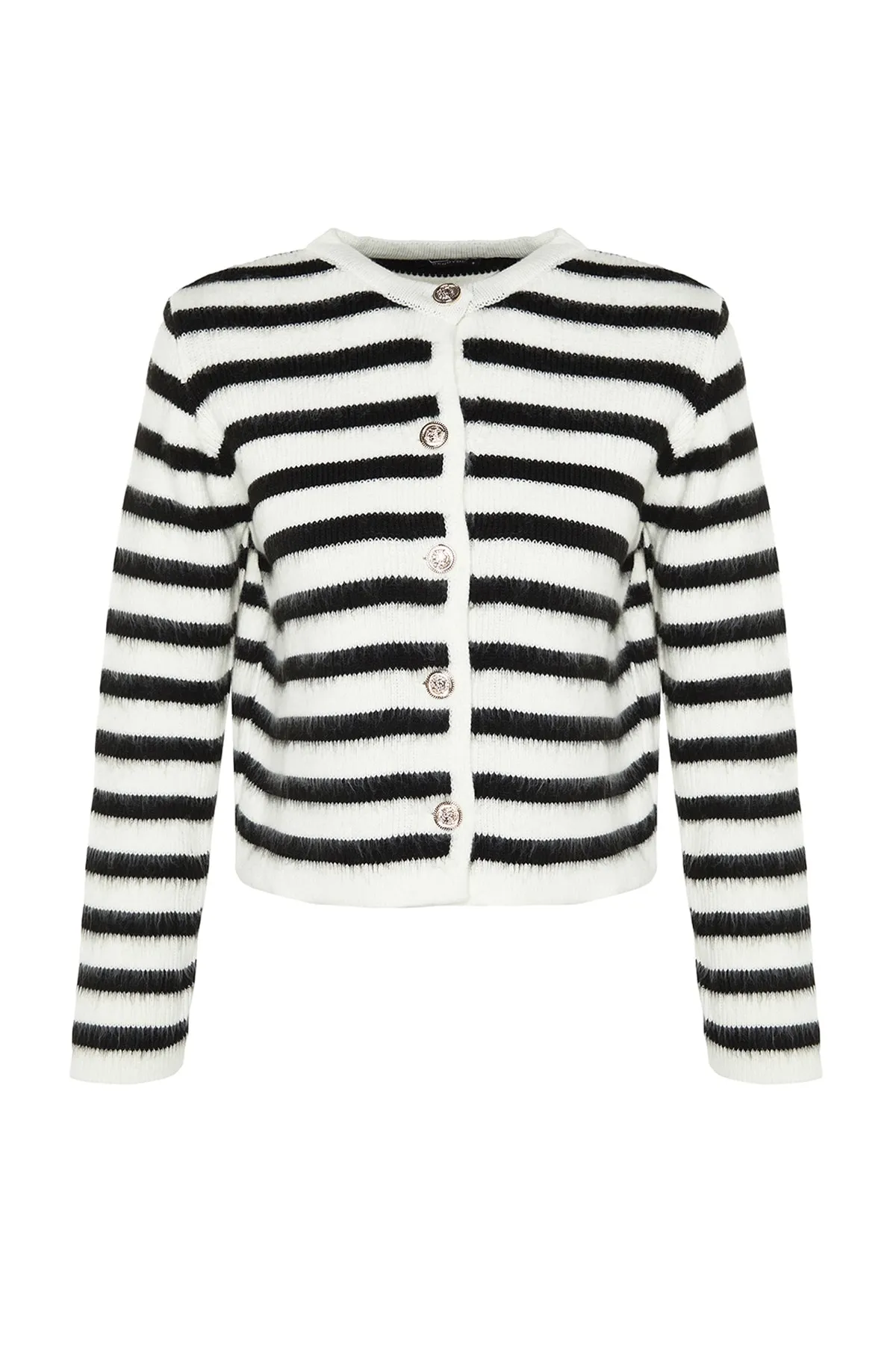 Trendyol Collection  Ecrufarbene Strickjacke mit weicher Struktur und Streifen TWOAW24HI00040