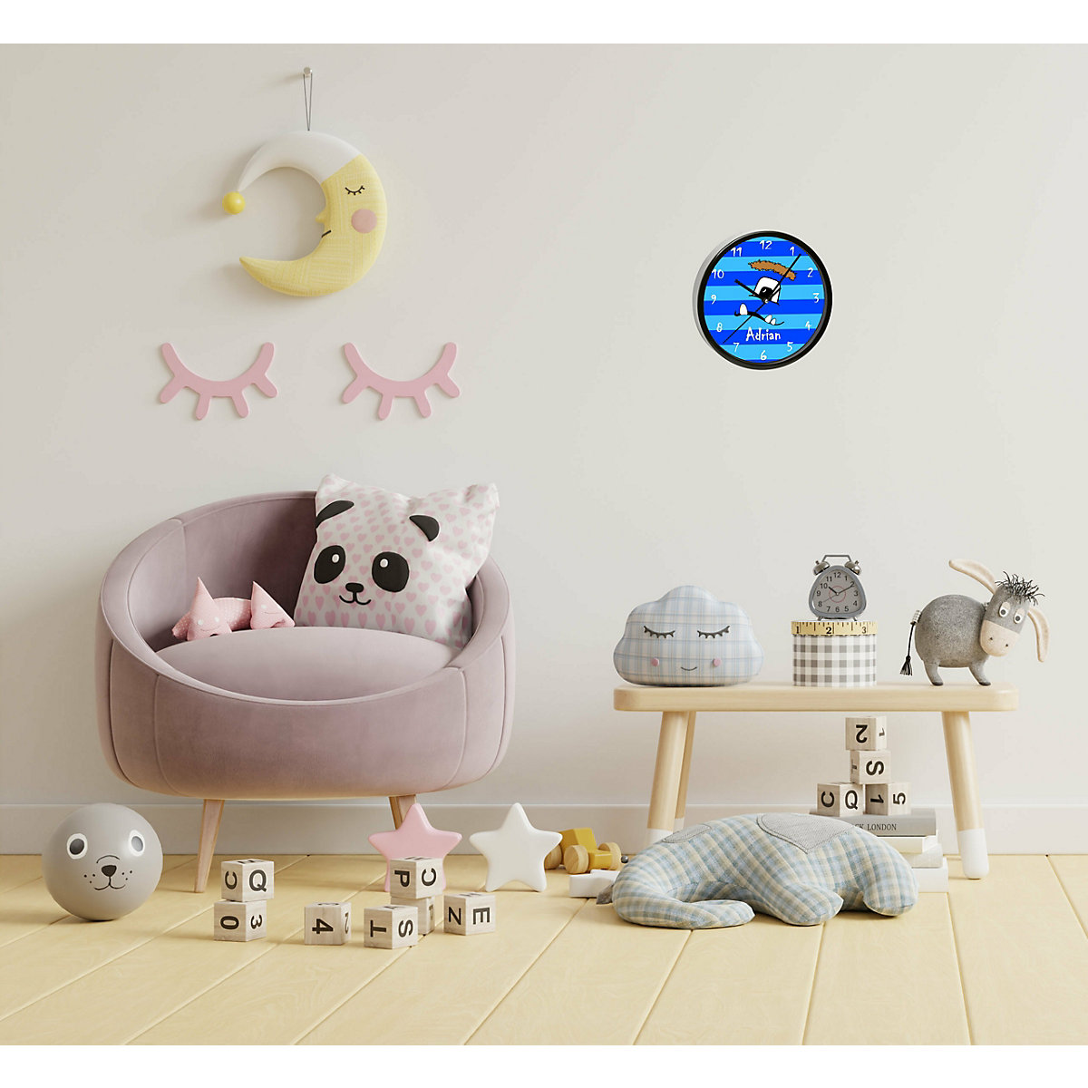 Kinder Wanduhr laufruhig personalisiert mit Name Monster Streifen blau