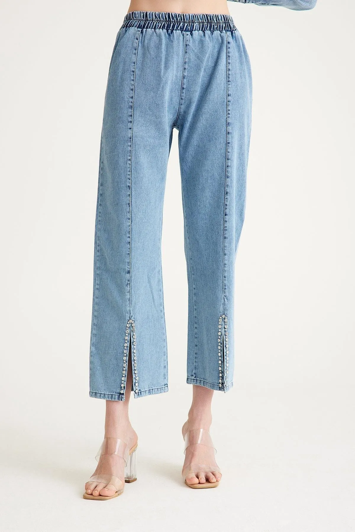 Olcay  Set aus Tunika und Hose aus Denim mit Steindetail - BLAU 9227-YTK