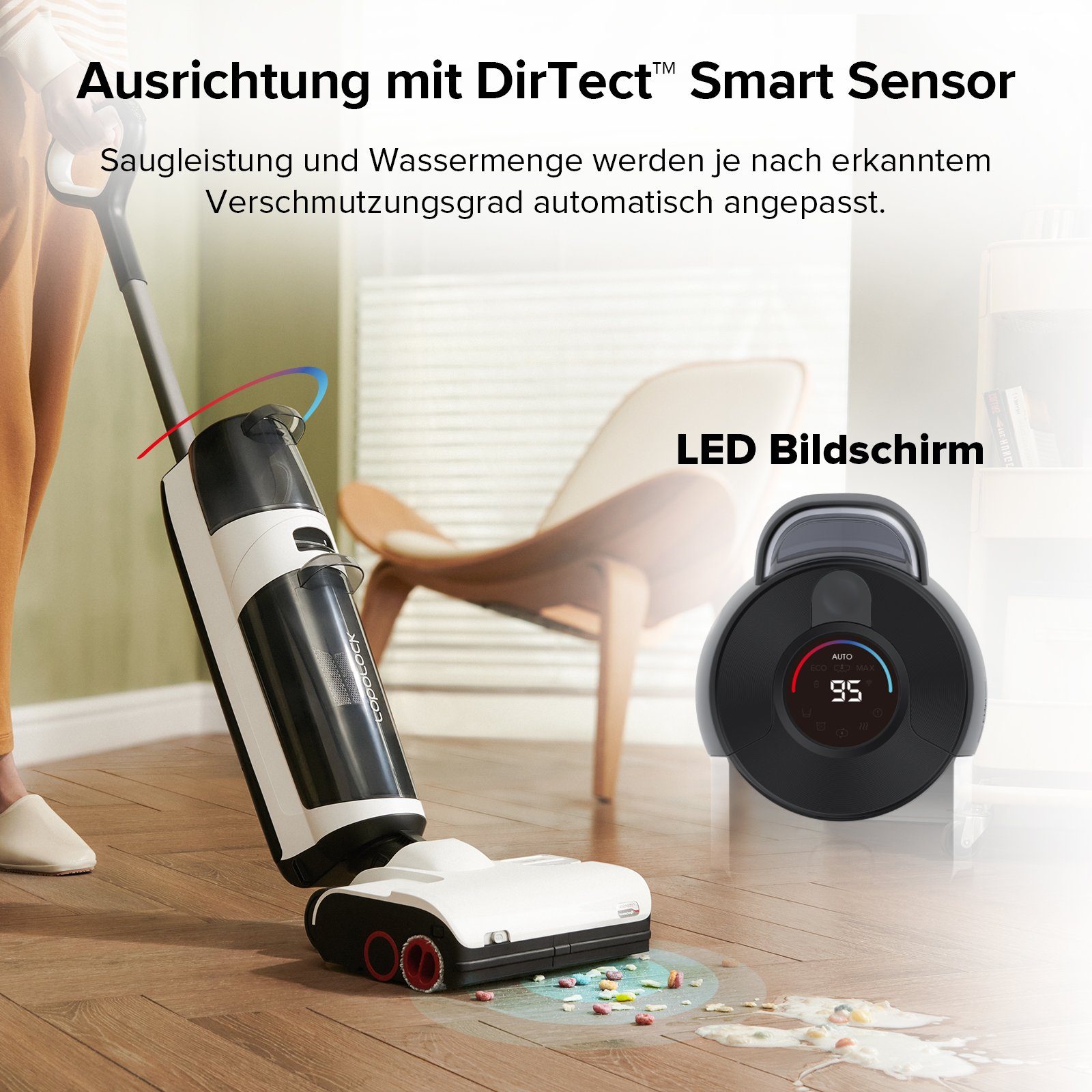 Roborock Nass-Trocken-Akkusauger Dyad Pro, 260 W, 17000pa, Automatische Trocknung & Selbstreinigend Wischsauger mit APP-Steuerung, Doppelbürste, Doppelte Wassertanks für Harte Böden