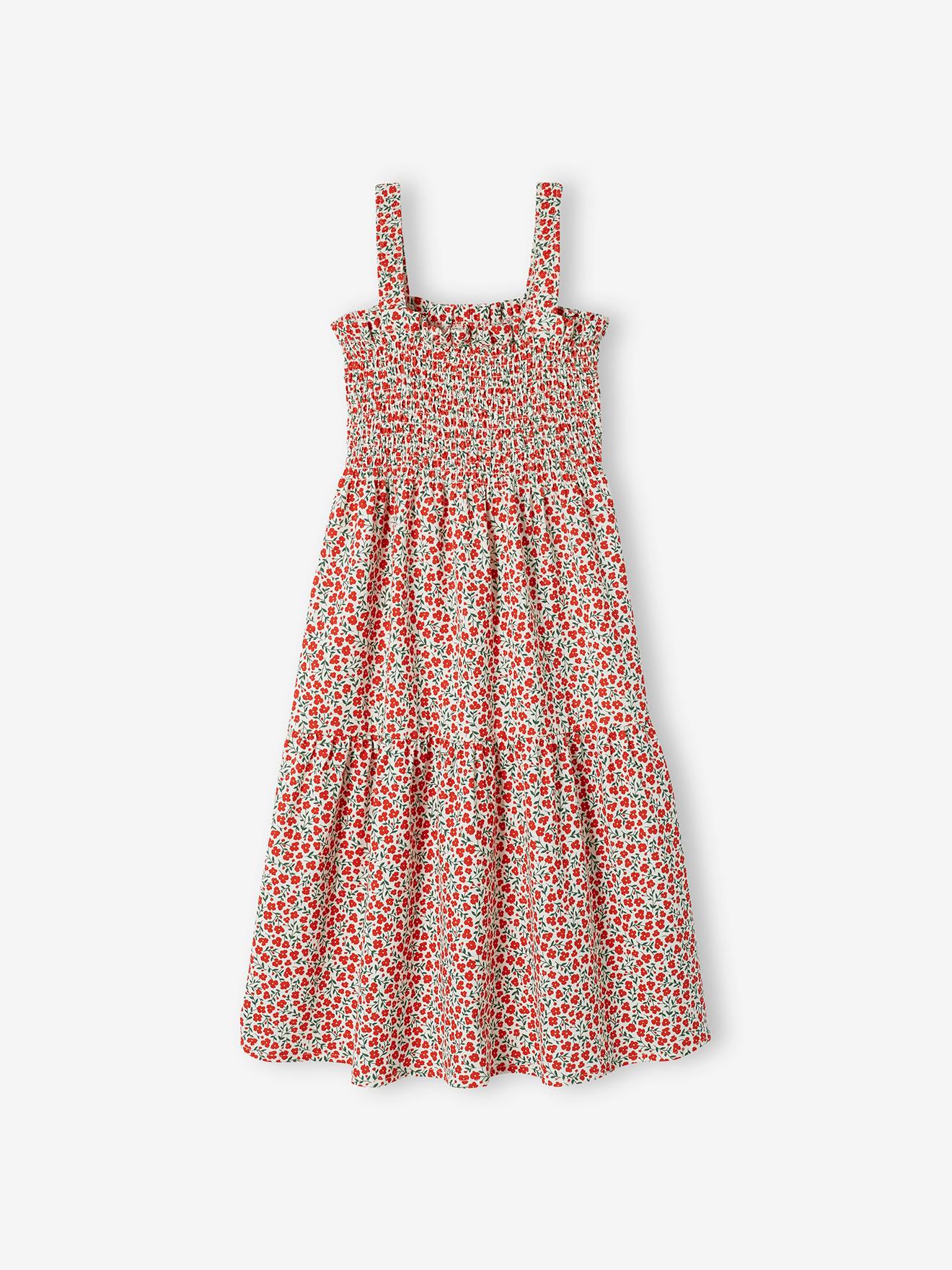 Robe smockée à bretelles motifs fleurs fille écru