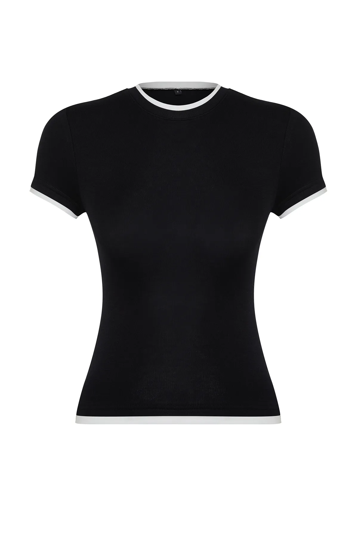 Trendyol Collection  Schwarzes, figurbetontes, flexibles Strick-T-Shirt aus Viskose/weichem Stoff mit Farbblock-Muster TWOSS24TS00063