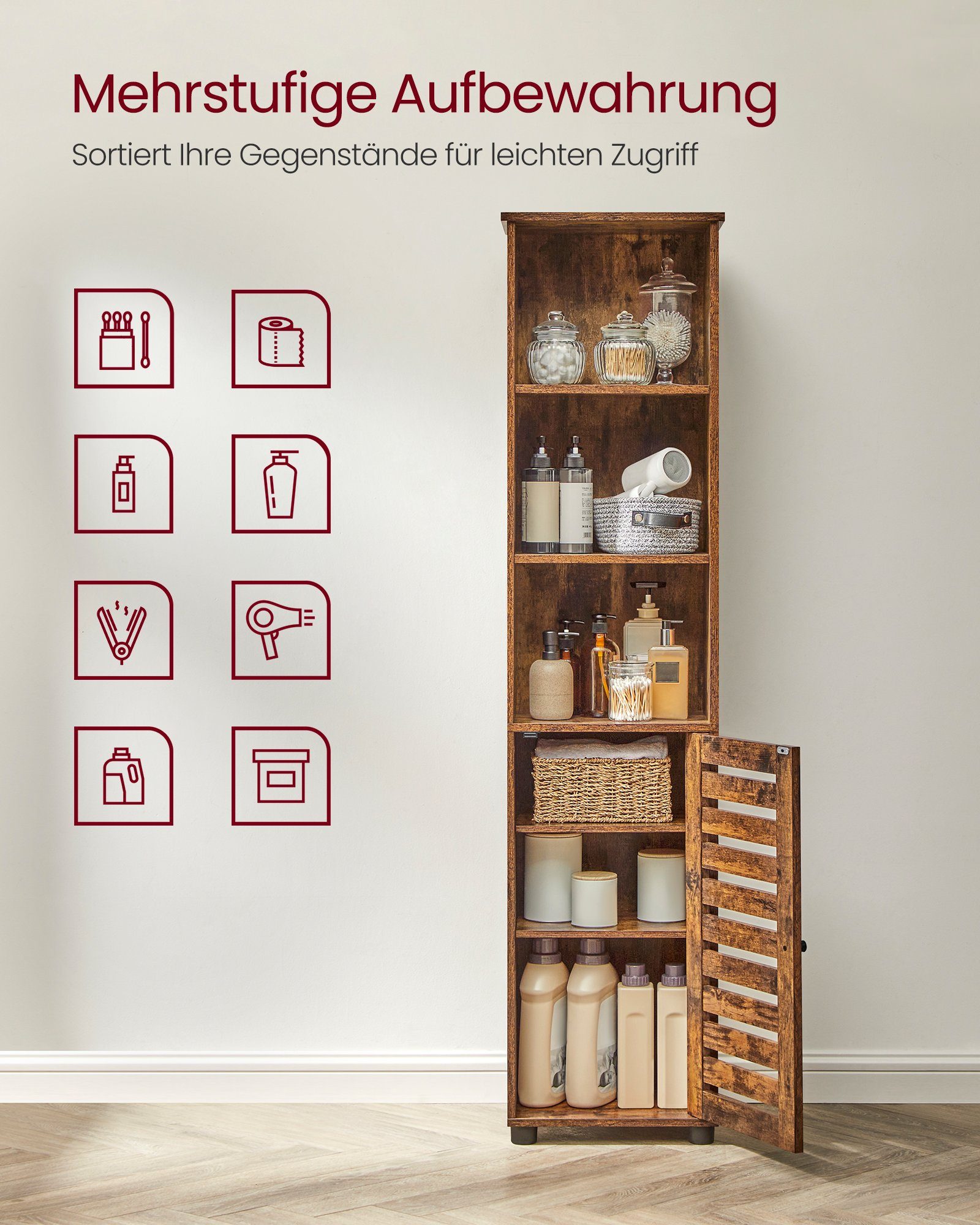 VASAGLE Badkommode, Badezimmerschrank, Hochschrank, verstellbare Einlegeböden