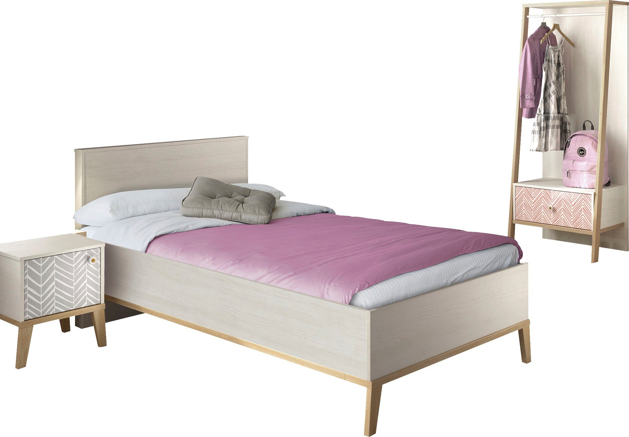 Gami Jugendzimmer-Set Alika, (Set, 3-St., Bett, Kleiderständer, Nachttisch)
