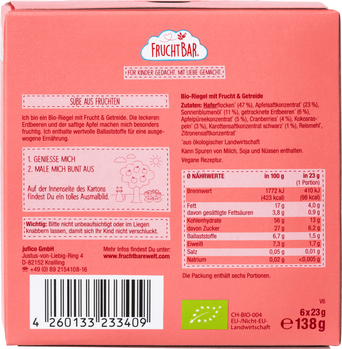 Fruchtriegel Erdbeere, Apfel, Hafer ab 12 Monaten (6x23 g), 138 g