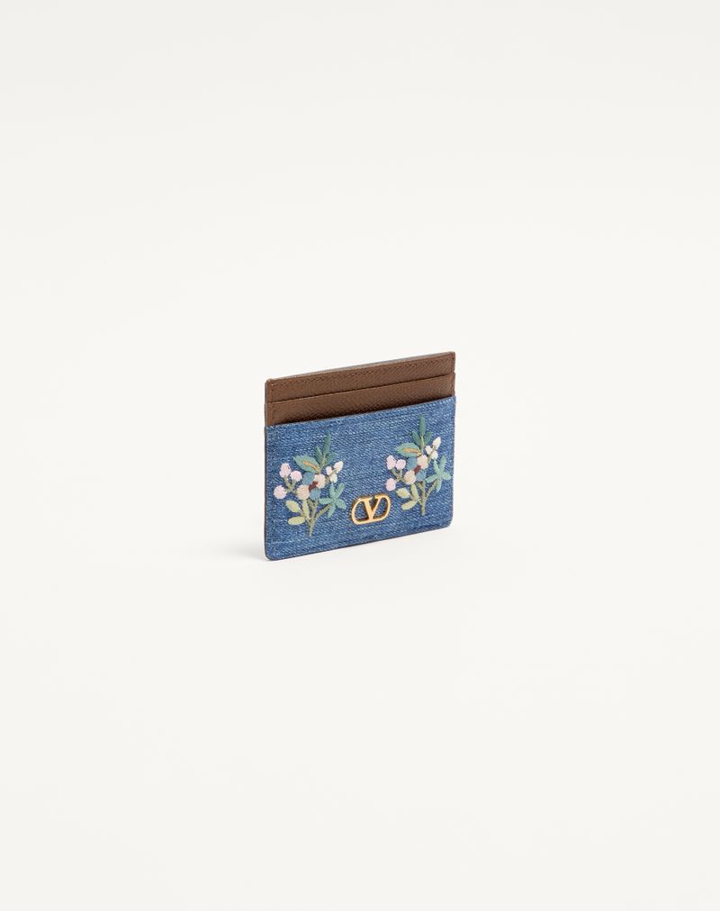 Porta-cartões de assinatura Valentino Garavani VLogo em jeans com bordado floral