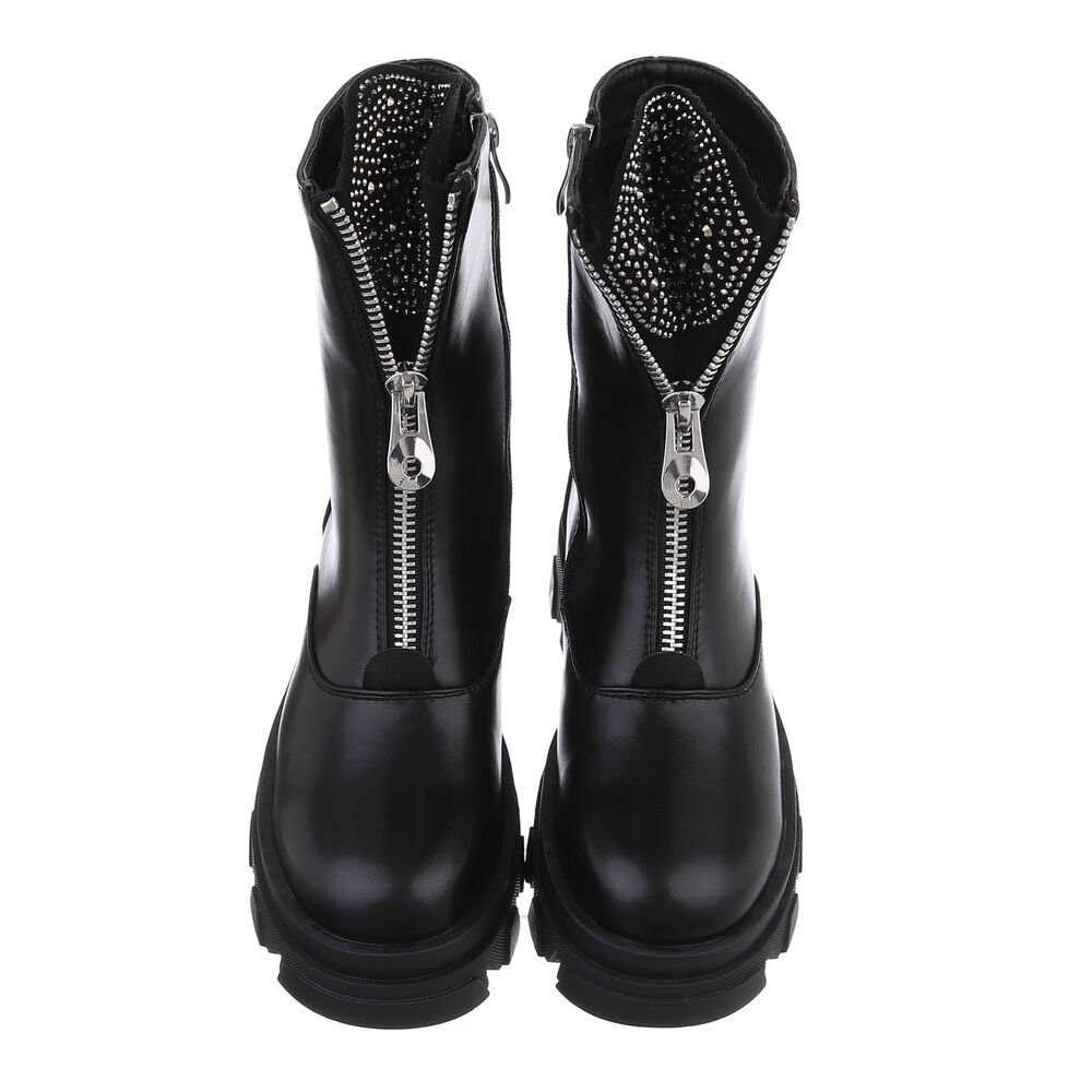 Ital-Design Damen Bikerschuhe Biker Westernstiefelette Blockabsatz Plateaustiefeletten in Schwarz