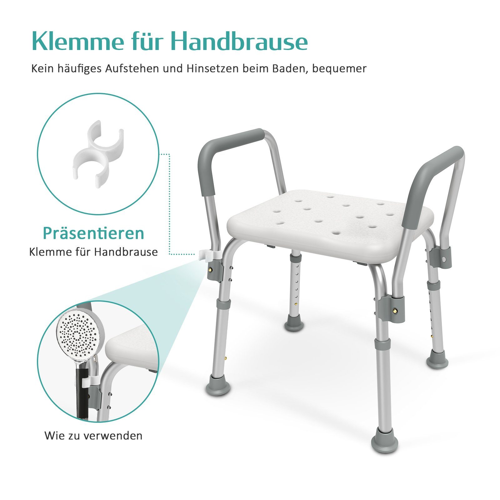 EMKE Duschhocker Badhocker mit Armlehnen Sitzfläche mit Sicherheitsgriffen, Höhenverstellbar Anti-Rutsch-Gummifüße Belastbar bis 136 kg