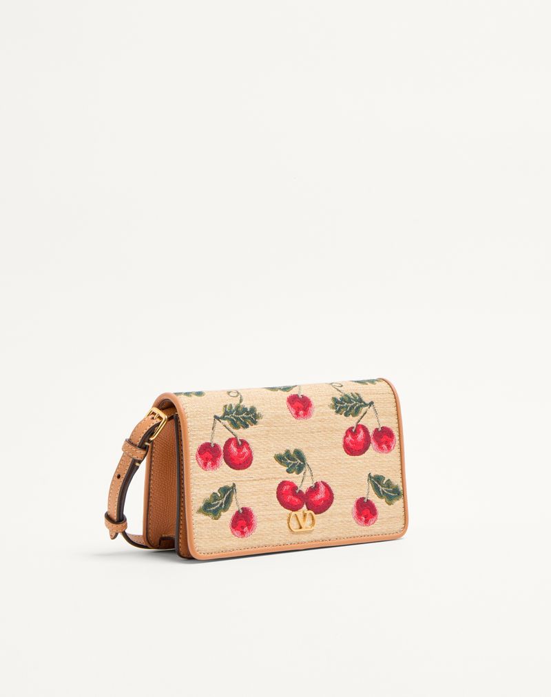 VLogo Signature Mini Raffia Jacquard Schoudertas met Kersenmotief