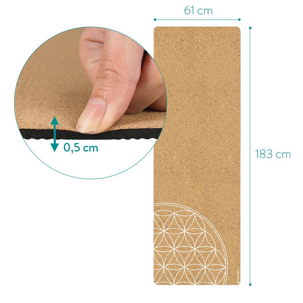 Navaris Yogamatte Korkmatte mit Tragegurt, rutschfest, 183x61x0,5cm