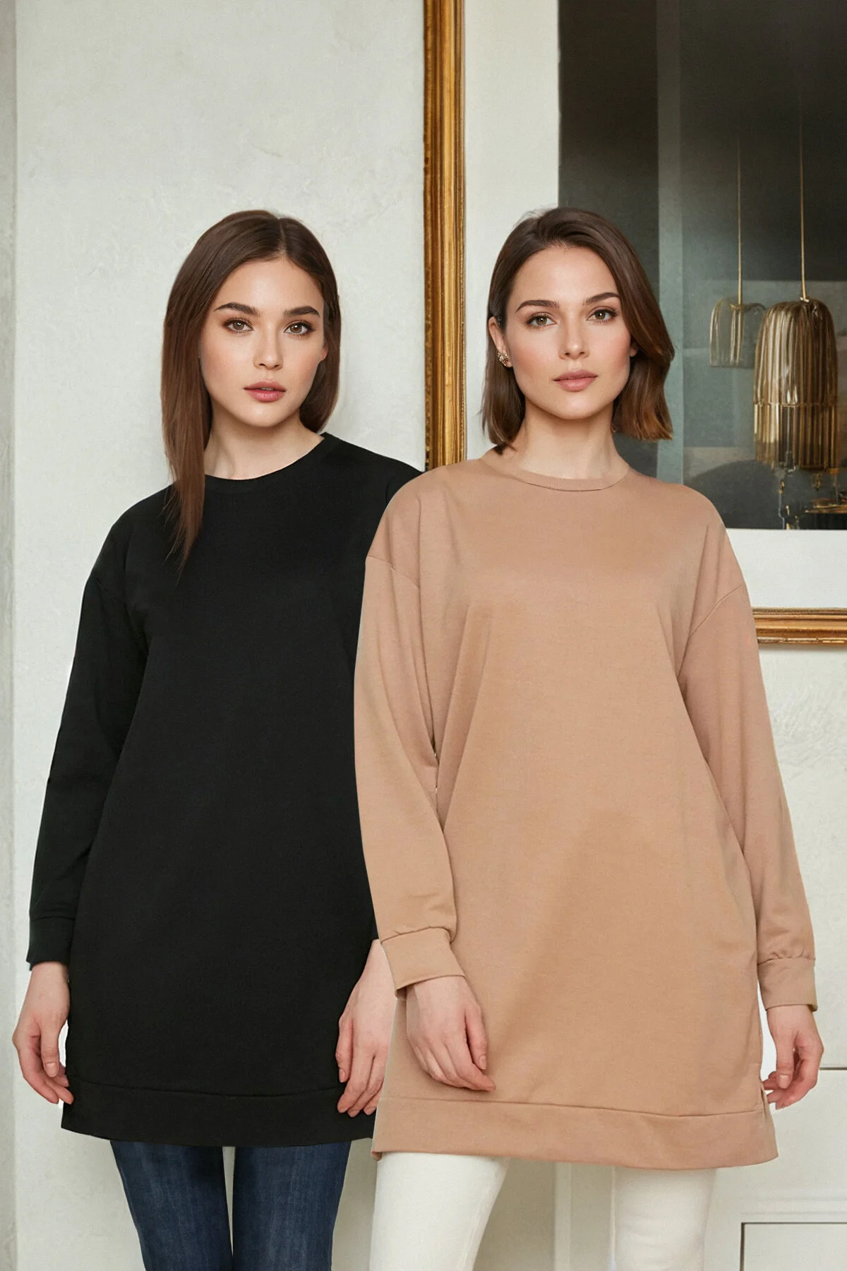 Trendyol Modest  Schwarz-Hellbraunes 2er-Pack Basic-Strick-Sweatshirt mit Rundhalsausschnitt TCTAW22TW0152