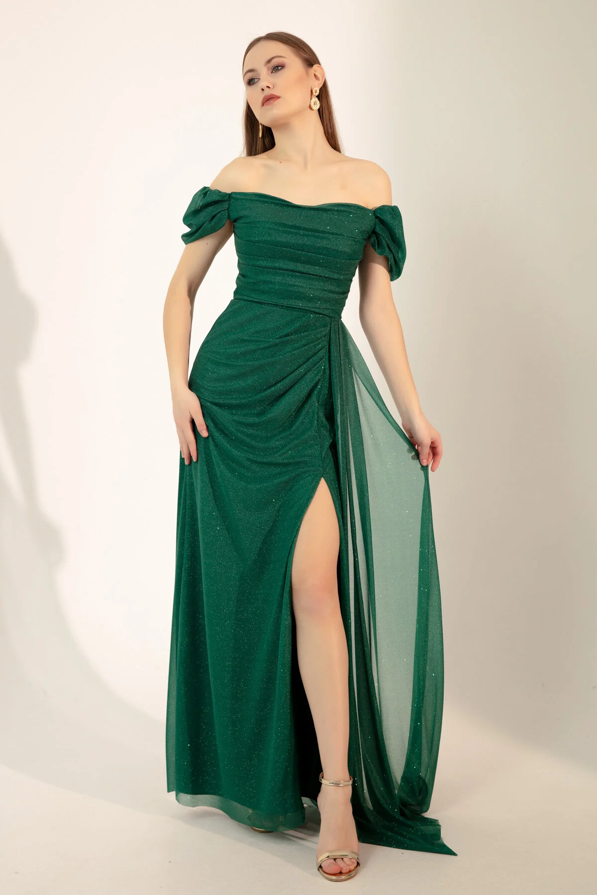 Lafaba  Smaragdgrünes, langes, silbernes Abendkleid mit U-Boot-Ausschnitt und Schlitz für Damen