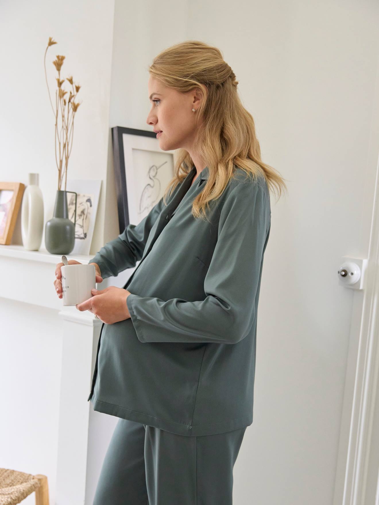 Ensemble 2 pièces pyjama satin grossesse et allaitement gris ardoise