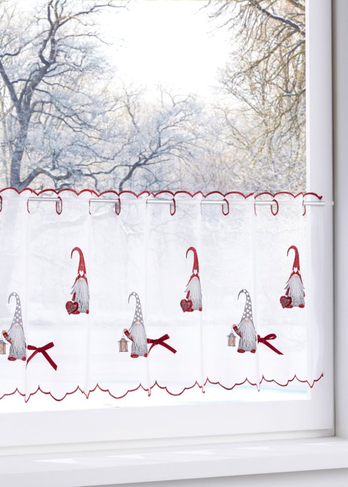Scheibengardine mit weihnachtlicher Stickerei