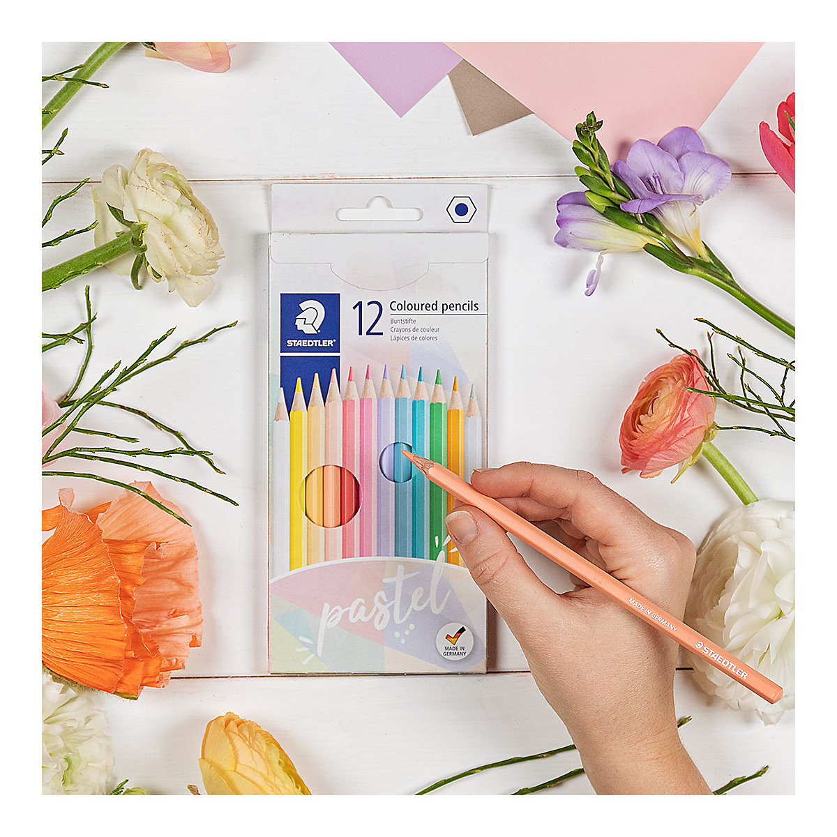 Sechskant-Buntstifte Pastell, 12 Farben