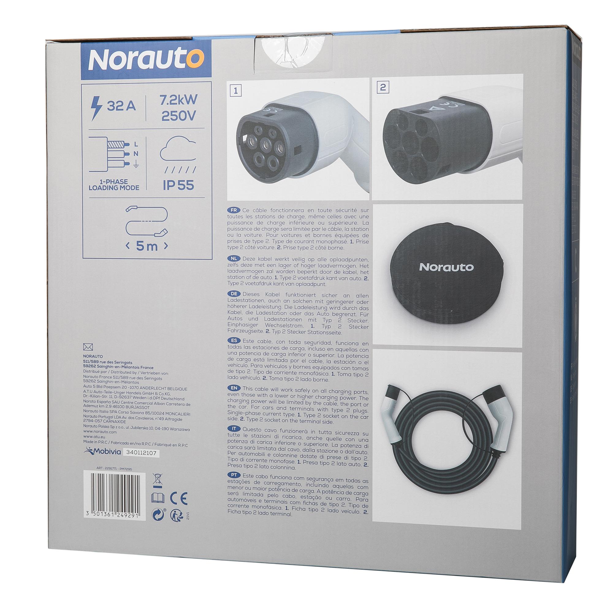 Norauto E-Ladekabel Typ 2, 32 A, einphasig, 7,2 kW, 5 Meter - ATU