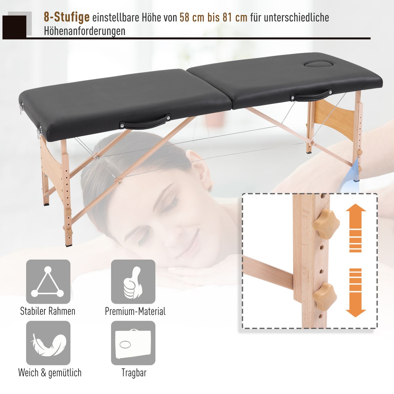 HOMCOM Massageliege Mobiler Massagetisch Höhenverstellbar Kosmetik Bank Holz