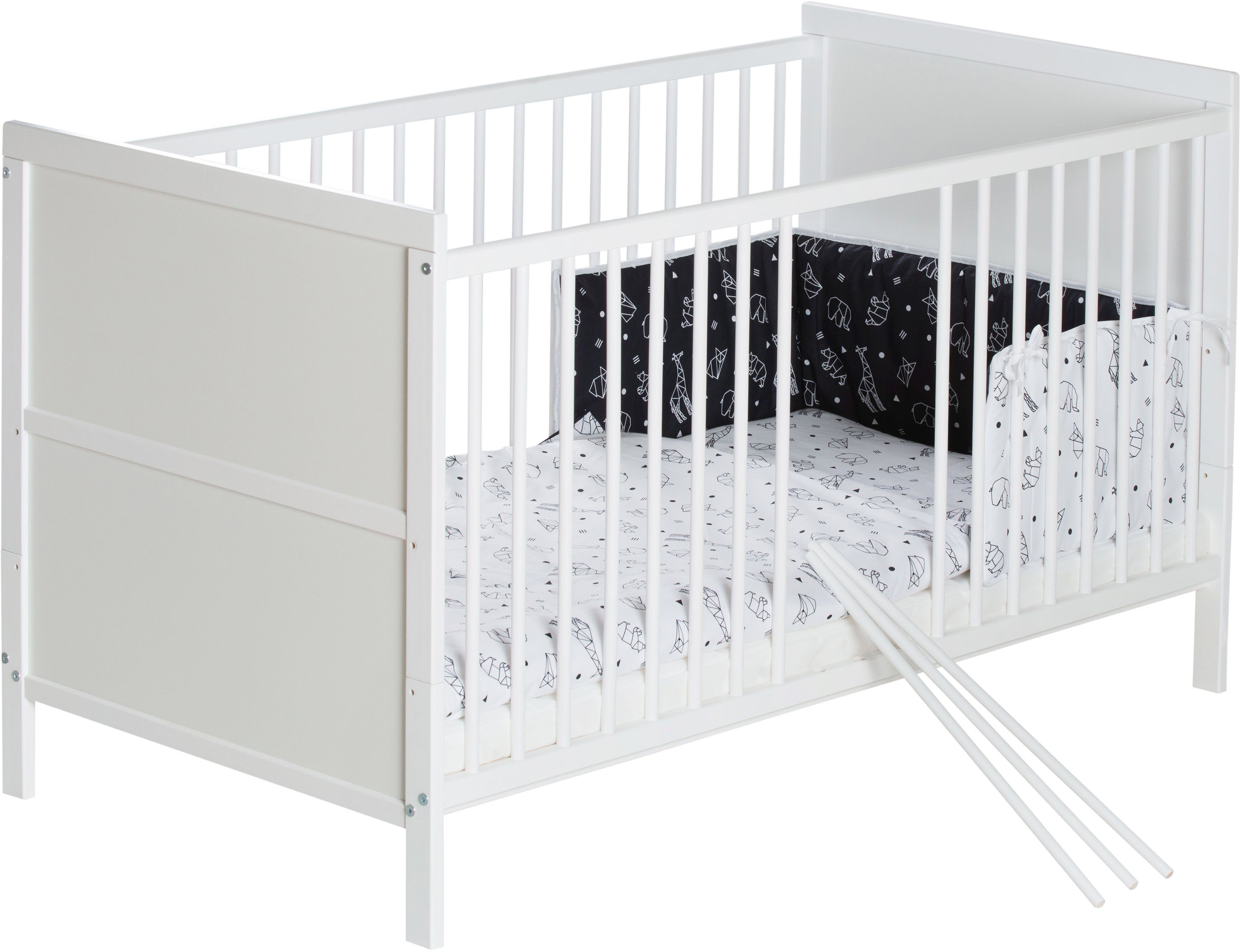 Schardt Babybett Lenny, Origami Black, umbaubar zum Juniorbett, mit Bettwäsche, Nestchen, Himmel