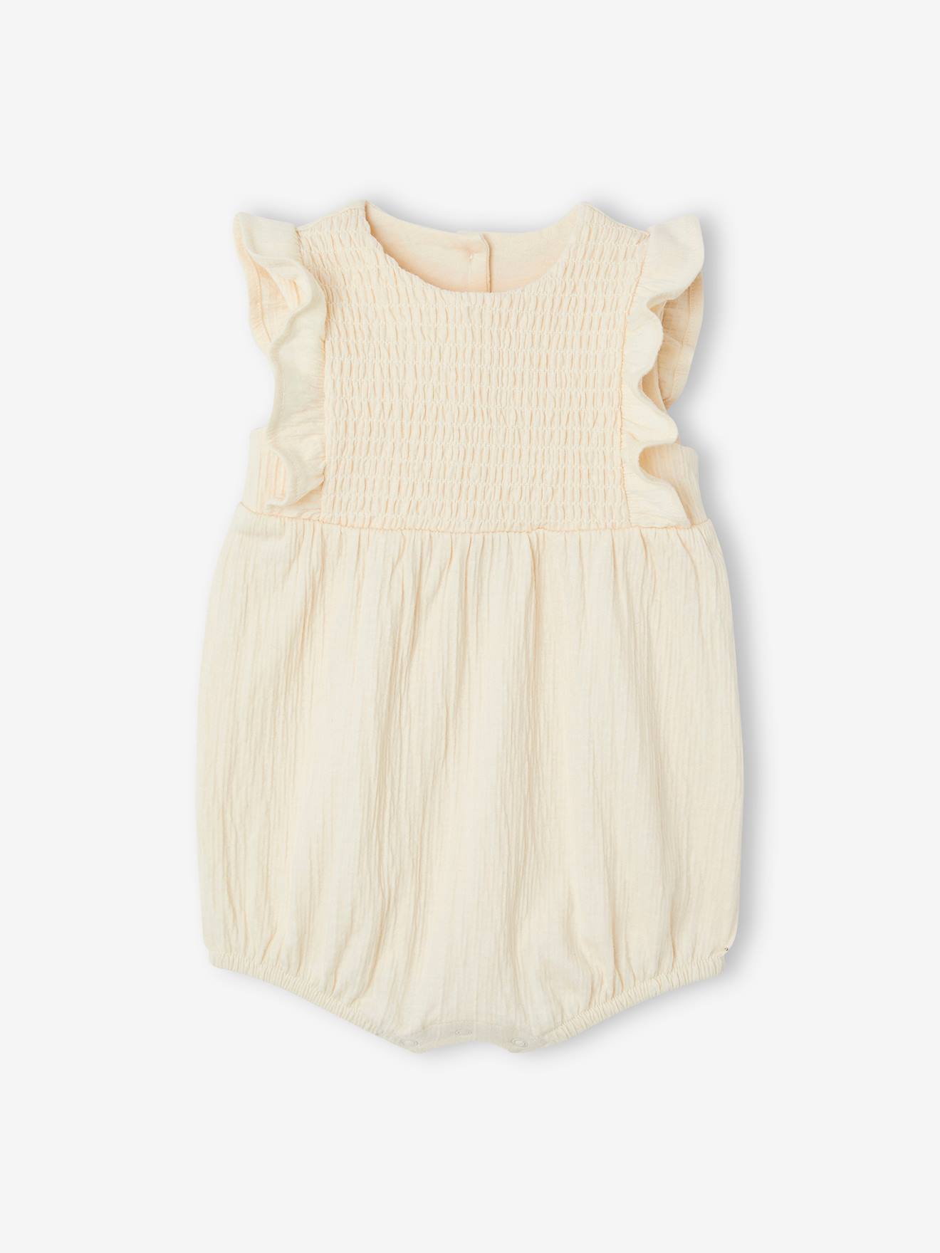 Vertbaudet Mädchen Baby Kurzoverall, Smokdetails und Volants - vanille