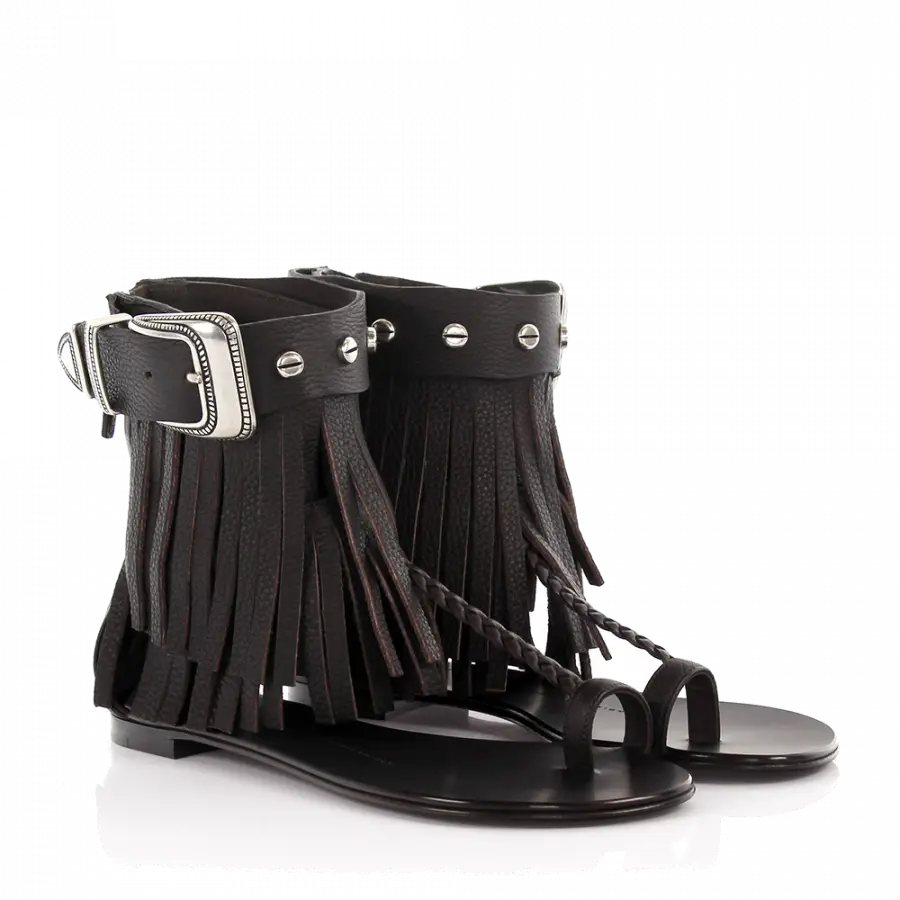Giuseppe Zanotti - Riemchensandalen Kalbsleder Fransen dunkelbraun - braun