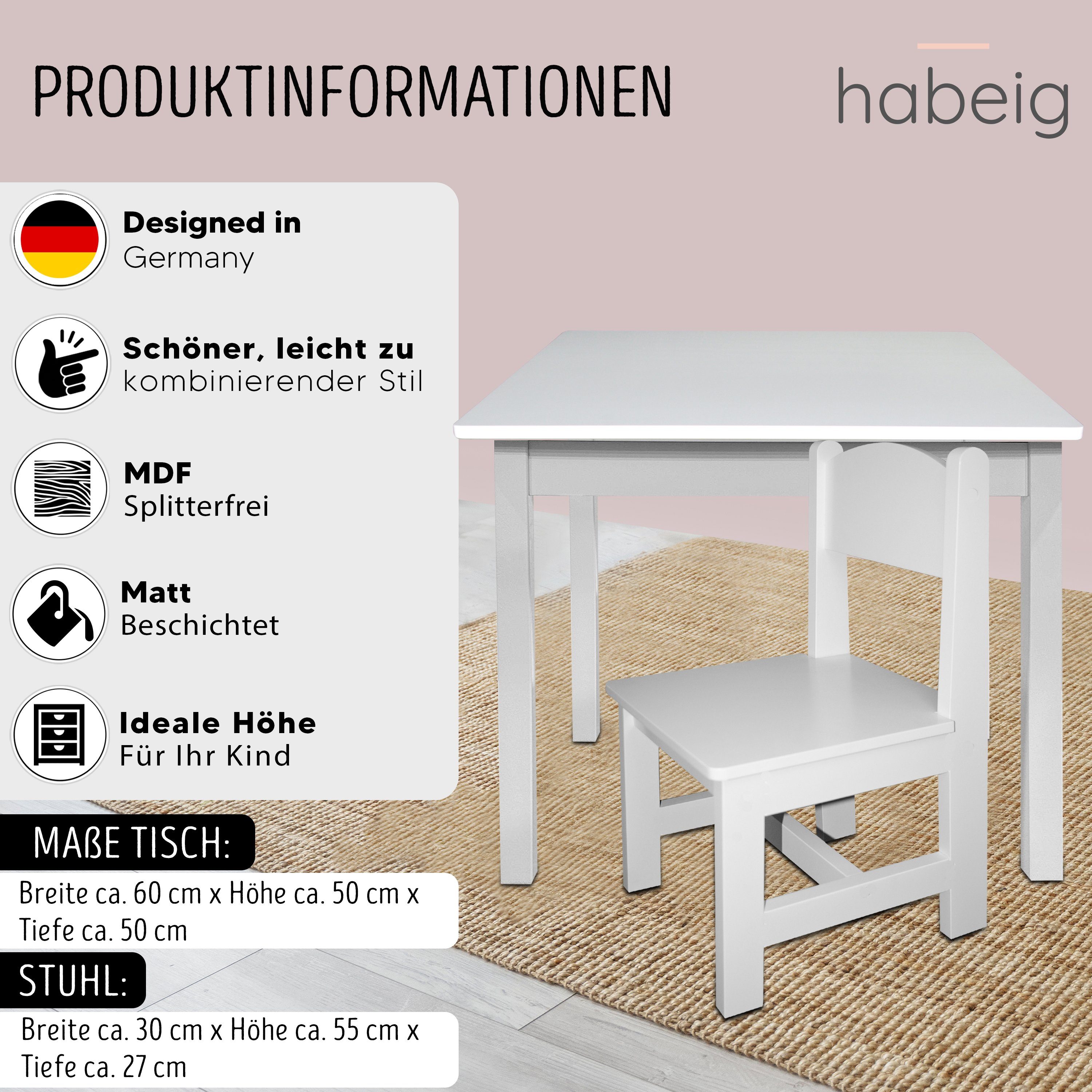 habeig Kindersitzgruppe Kindertisch & 2 Stühle Kindermöbelset Maltisch Hocker 60x50x50cm