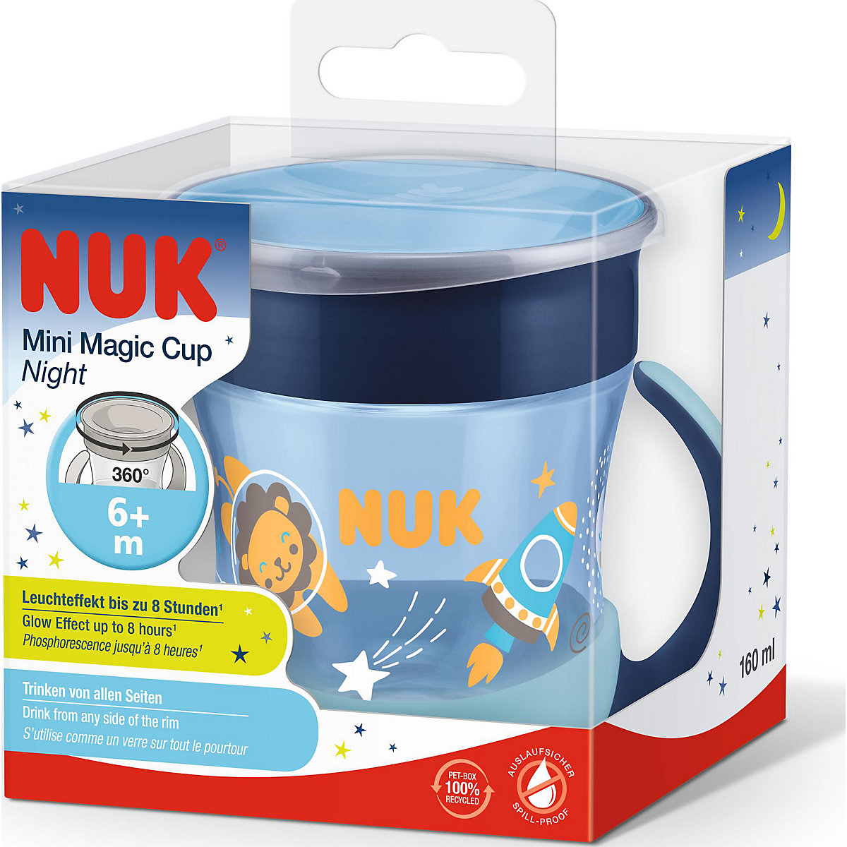 NUK Mini Magic Cup Night, 160ml, einzigartiger Trinkrand, abdichtende Silikonscheibe, ab 6 Monaten, 1 Stück, Blau