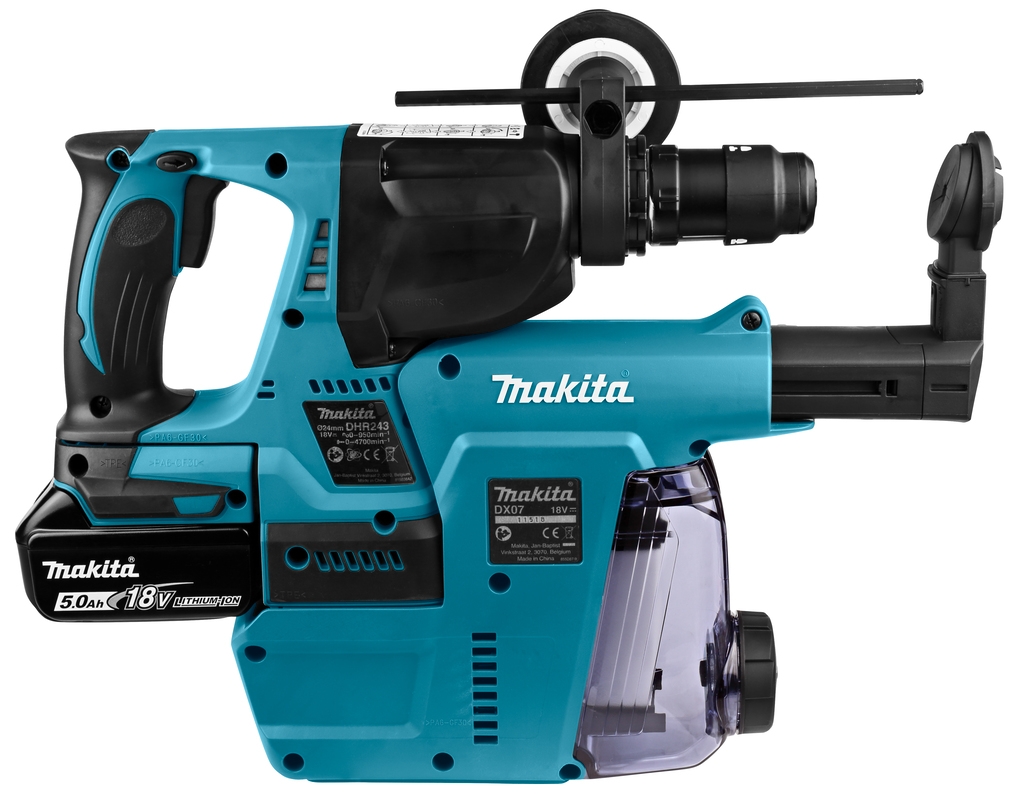 Makita DHR243RTJW Kombihammer, 18 Volt, 5,0 Ah Li-Ion-Akku + DX07 integrierte Staubabsaugung mit HEPA-Filter