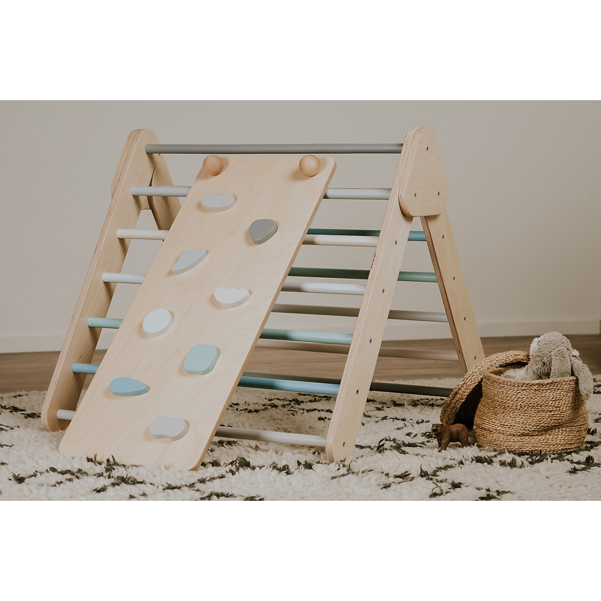 Klettergerüst mit Rampe und Rutsche Indoor, Kletterdreieck aus Holz, Klettern Innnen Kleinkind